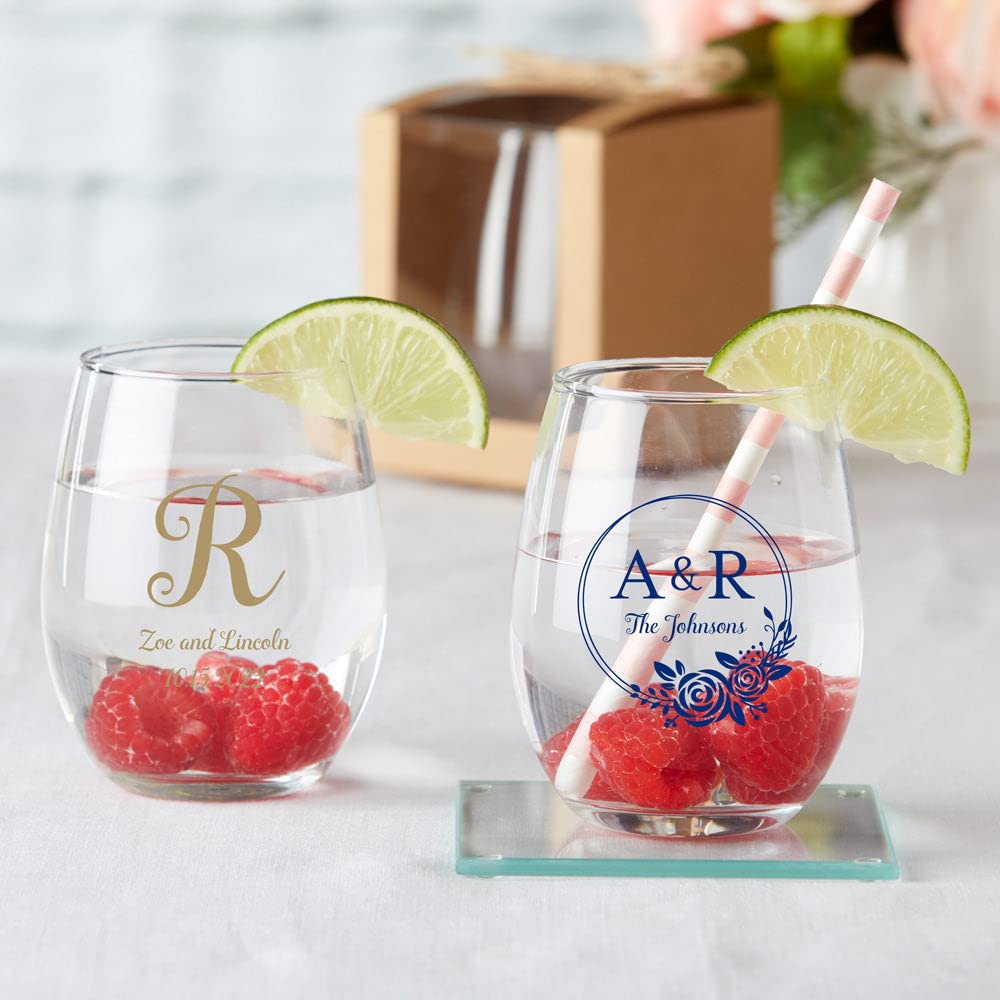 Kate Aspen Personalized Monogram 9 oz. Stemless Wine Glass - 96pcs Navy Blue - Custom Wedding Favors, Bridal Shower Party Gifts with Engraved Text - Perfect for Anniversary Celebrations, Bachelorette Parties & Couples Gifts