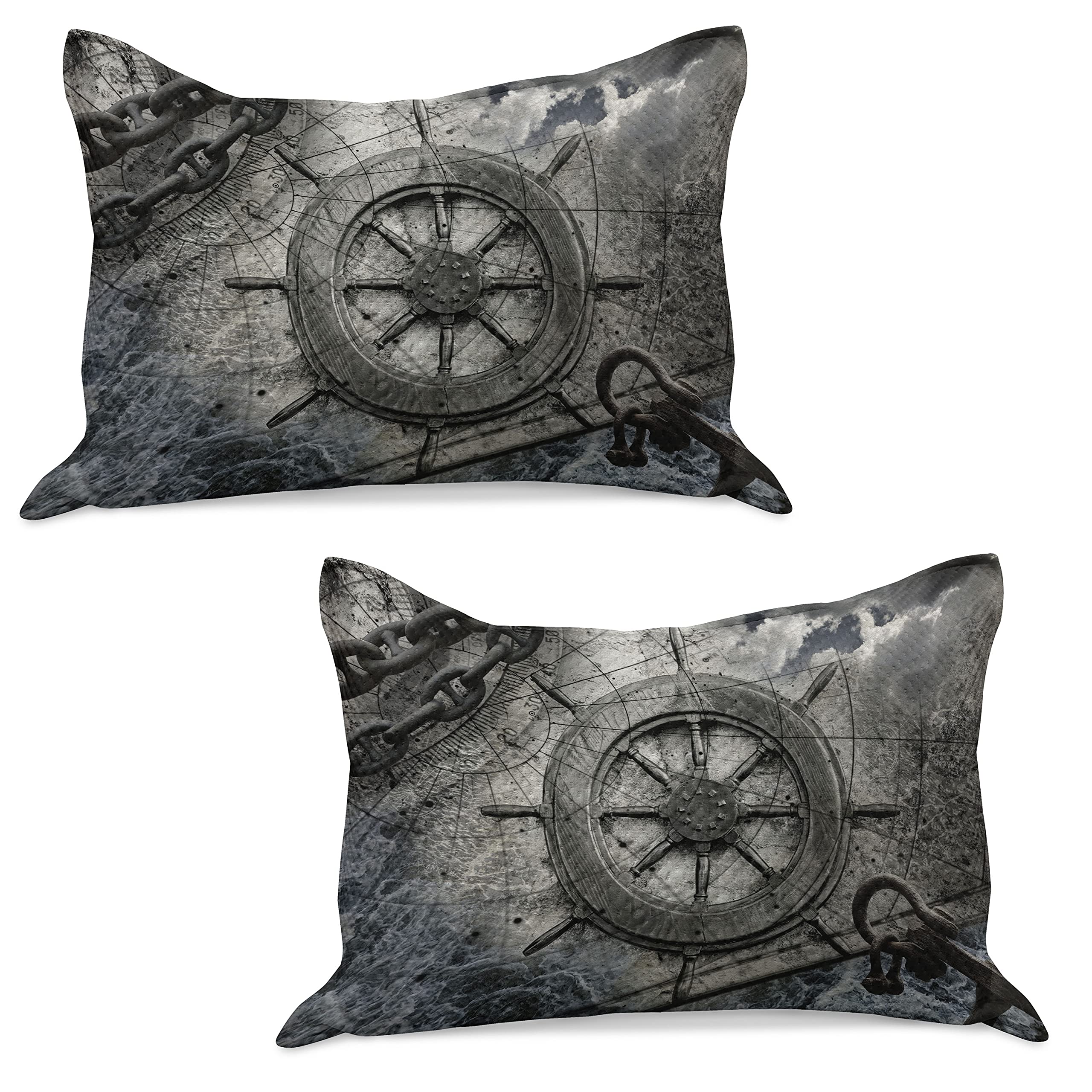 Ambesonne 2-Pack Quilted Pillow Cover Set - Vintage Nautical Ships Wheel, Steering Helm, Anchor Chains Design - Standard Queen Size 30