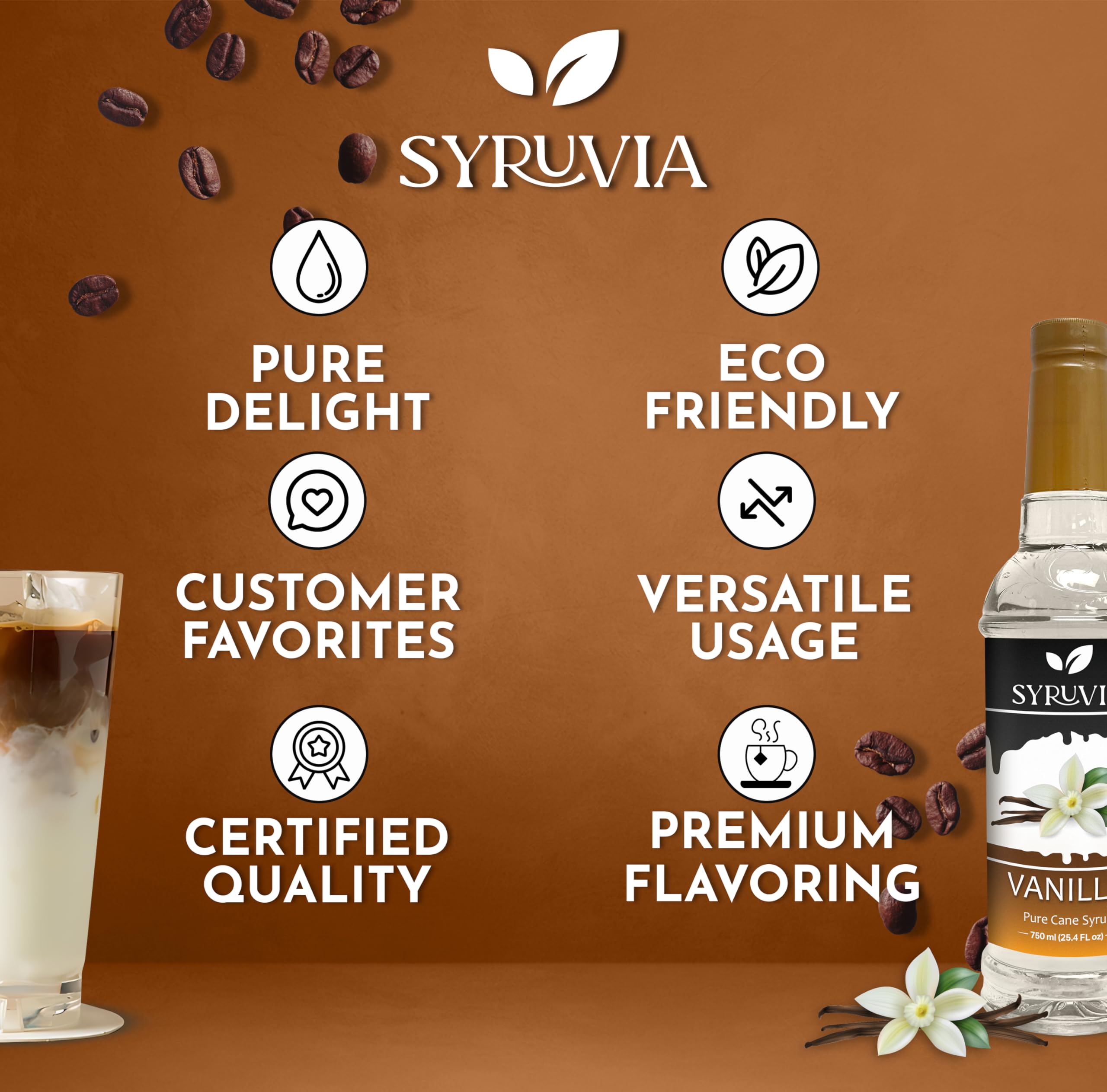 Premium Vanilla Syrup for Coffee - Barista Style, 25.4 fl oz (750ml) - Sweet Vanilla Flavor Coffee Syrup for Lattes, Cappuccinos, Iced Coffee & Baking - By Syruvia