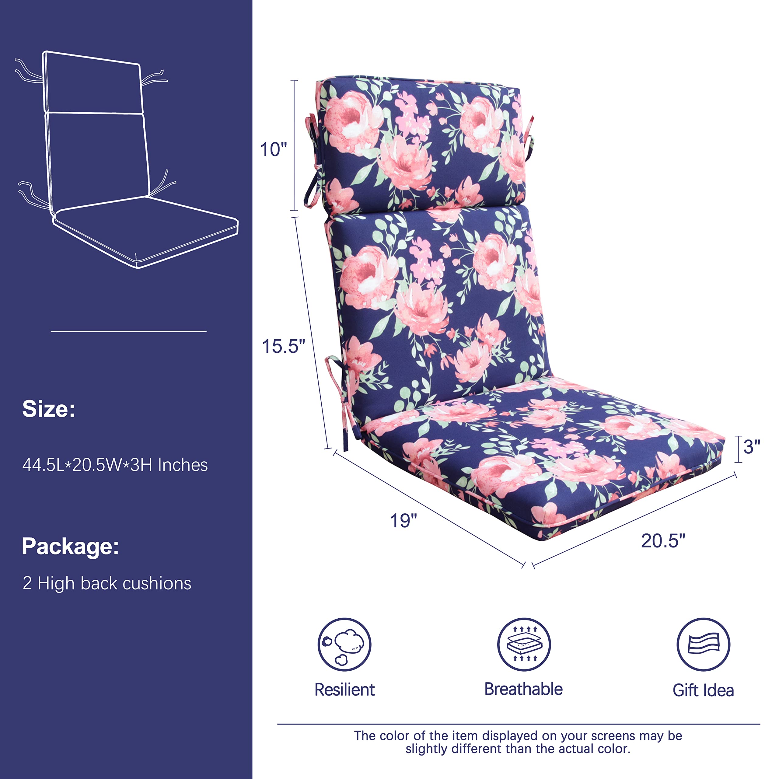 BOSSIMA High Back Chair Cushions Set of 2 - Indoor Outdoor Patio Seat Cushions with Pink Floral Design - Perfect for Garden, Poolside, and Deck Relaxation