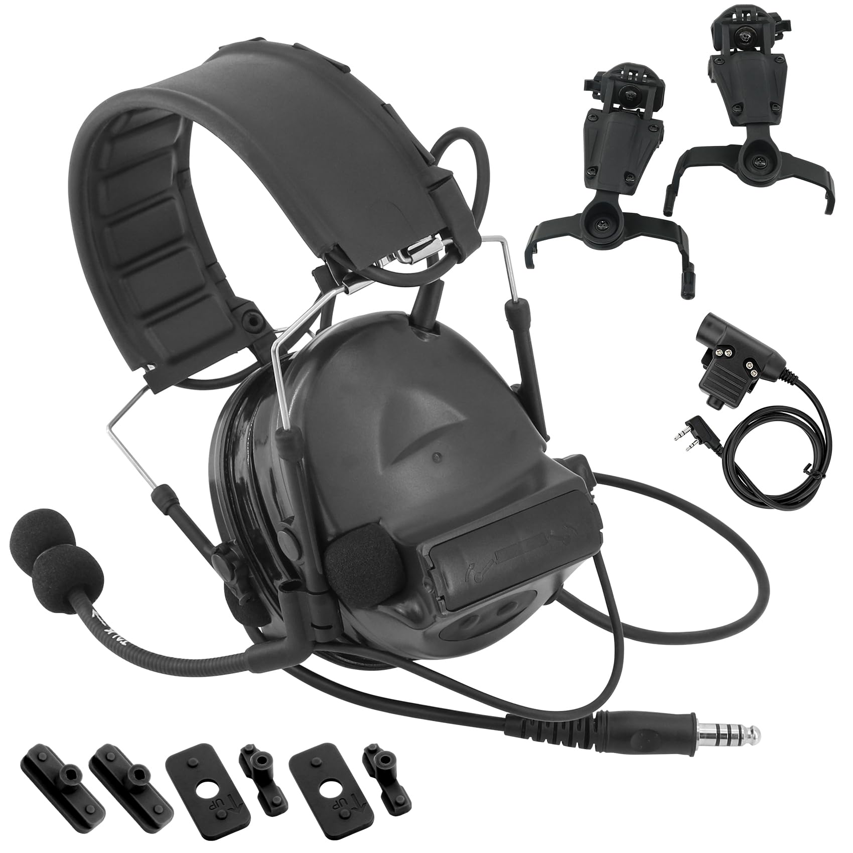 Tactical Headset with U94 PTT - Detachable Headband & Rail Adapter for ARC, Mlok, Team Wendy Rail - Perfect for Airsoft, Military Training & Outdoor Sports (Black)