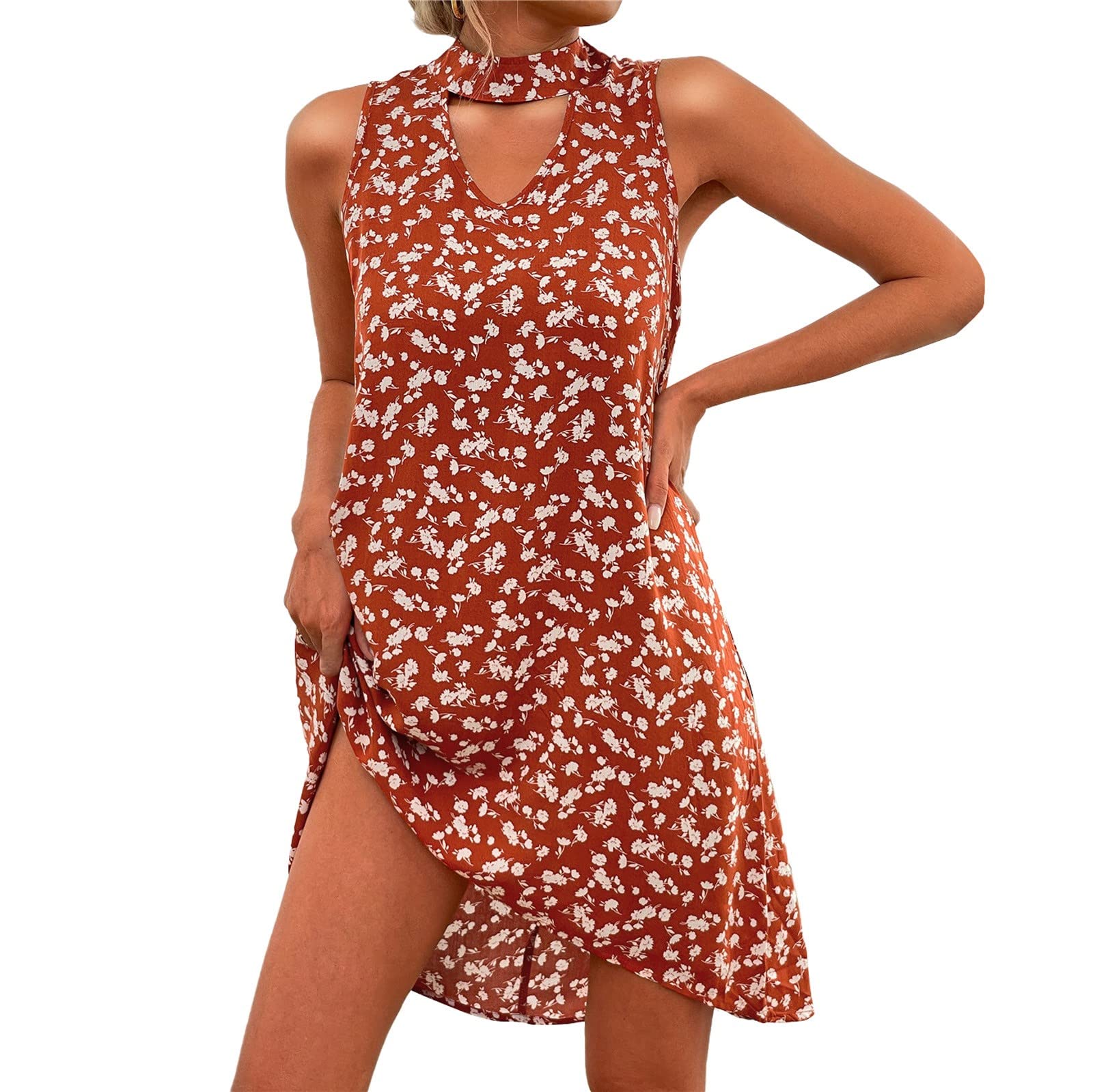Women's Floral Print Sleeveless Halter A-Line Summer Dress - Sexy Tiered Party Dress for Beach, Wedding & Cocktail Events