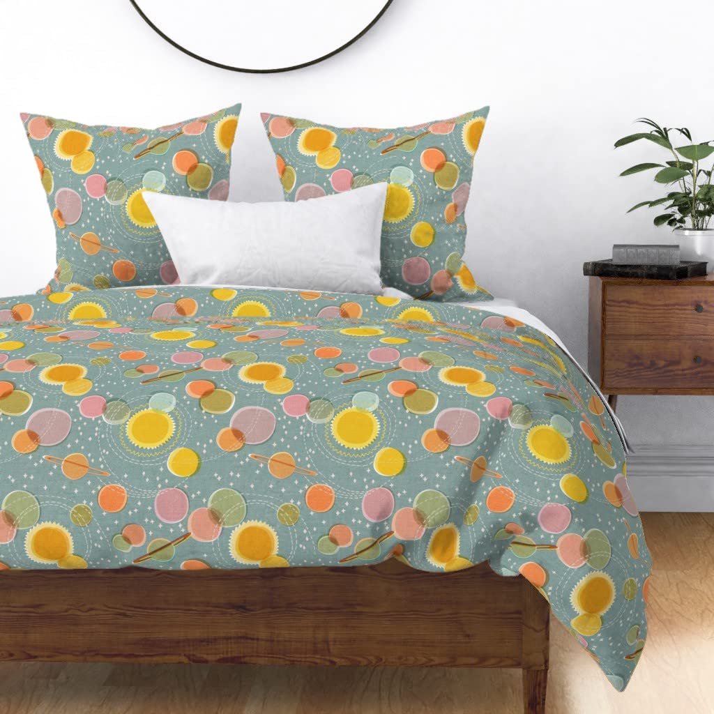 Planets Pastels Stars Cotton Sateen Duvet Cover Twin - Retro Modern Space Print Custom Bedding for Kids Room & Science Themed Nursery Decor