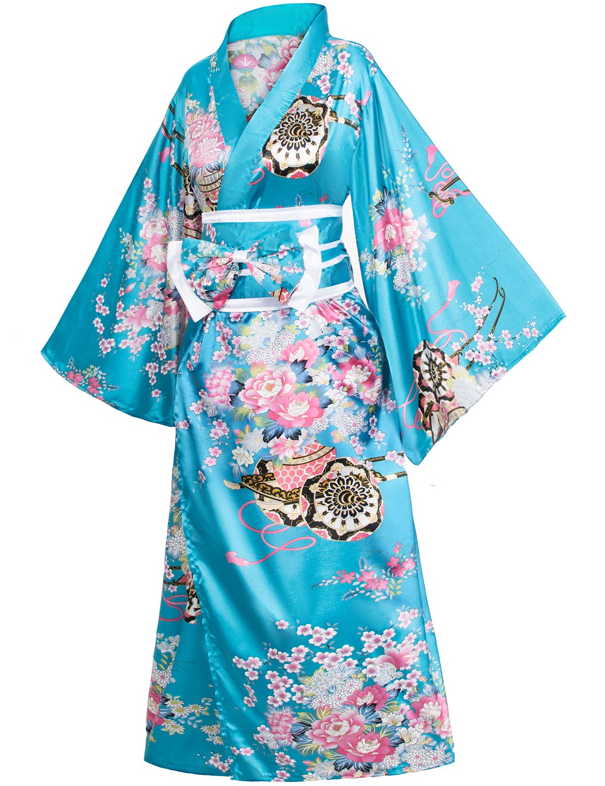 Japanese Anime Women's Kimono Robe - Geisha Yukata Sweet Dress with Blossom Satin Bathrobe, Sleepwear & Tabi Socks Set - Perfect for Cosplay, Loungewear, and Themed Parties
