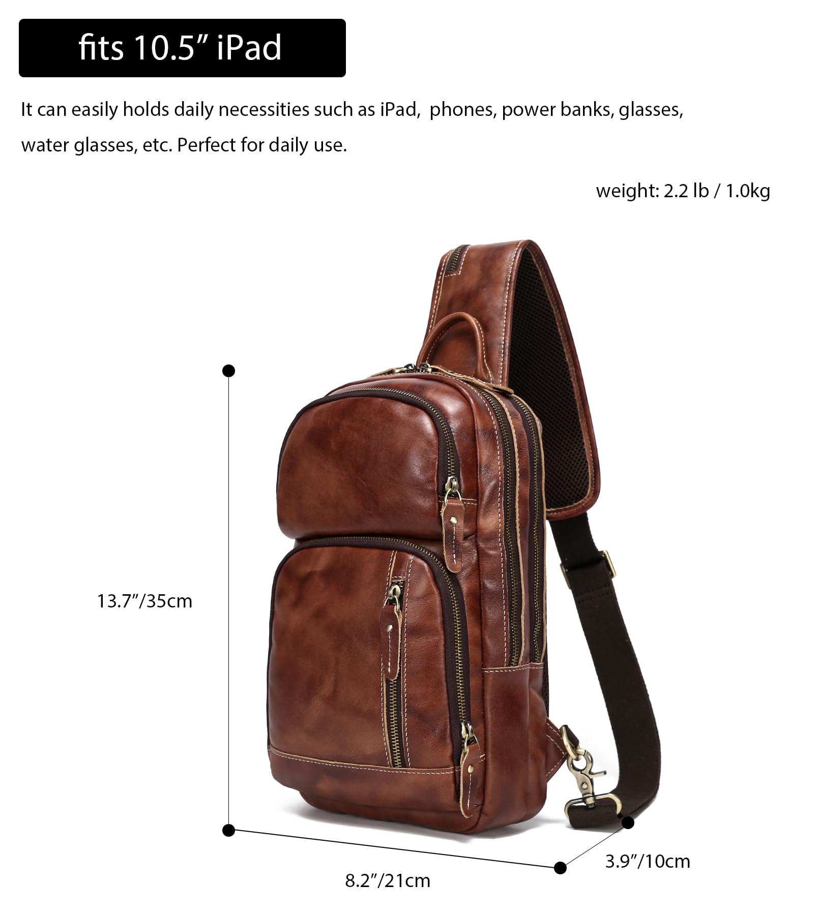 Premium Full Grain Leather Sling Bag for Men - Crossbody Chest Daypack with 10.5