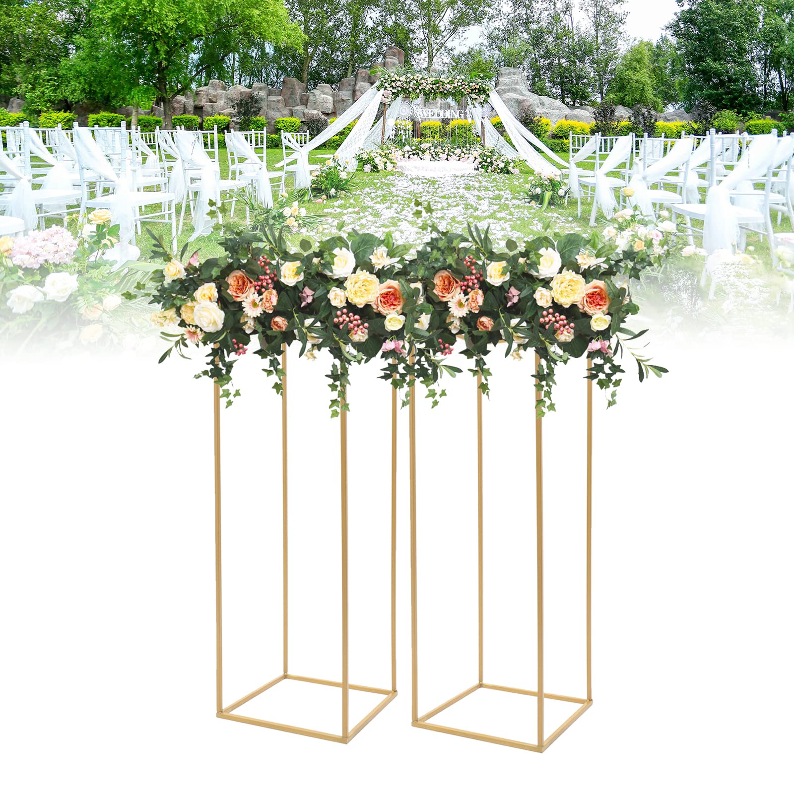 2Pcs Gold Metal Geometric Floor Vases - 11.02x11.02x31.5 Inch Tall Flower Stand Columns for Wedding Centerpieces, Home Decor, Party Table Decoration - Elegant Modern Design for Living Room, Entryway & Event Styling