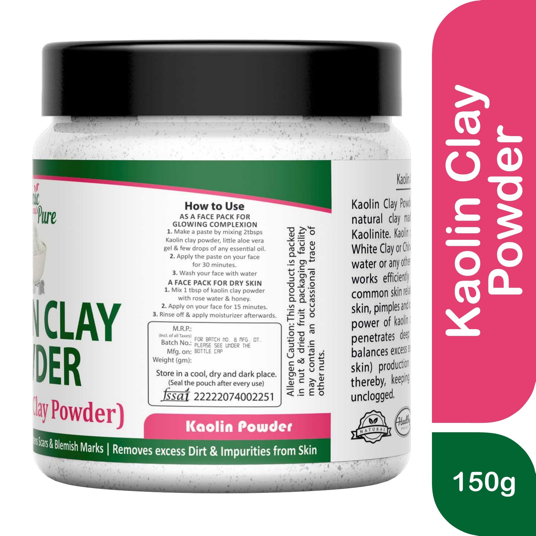 **Organic Kaolin Clay Powder for Skin Whitening & Acne Treatment - 150g Jar - Pure White China Clay for Face, Hair & Body Care - Ideal for DIY Masks, Scrubs & Spa Treatments**