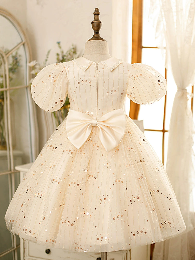 White Princess Collar Tea-Length Tulle Flower Girl Dress for Weddings & Special Occasions