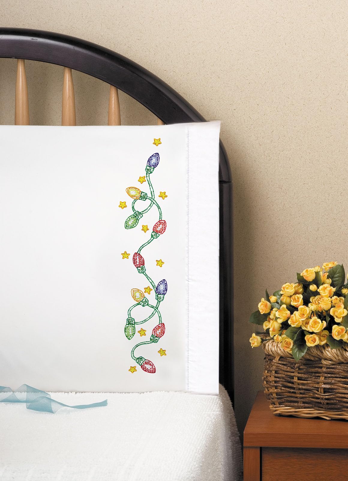 Tobin Christmas Lights Embroidered Pillowcases - Festive Holiday Home Decor for Bedroom & Living Room