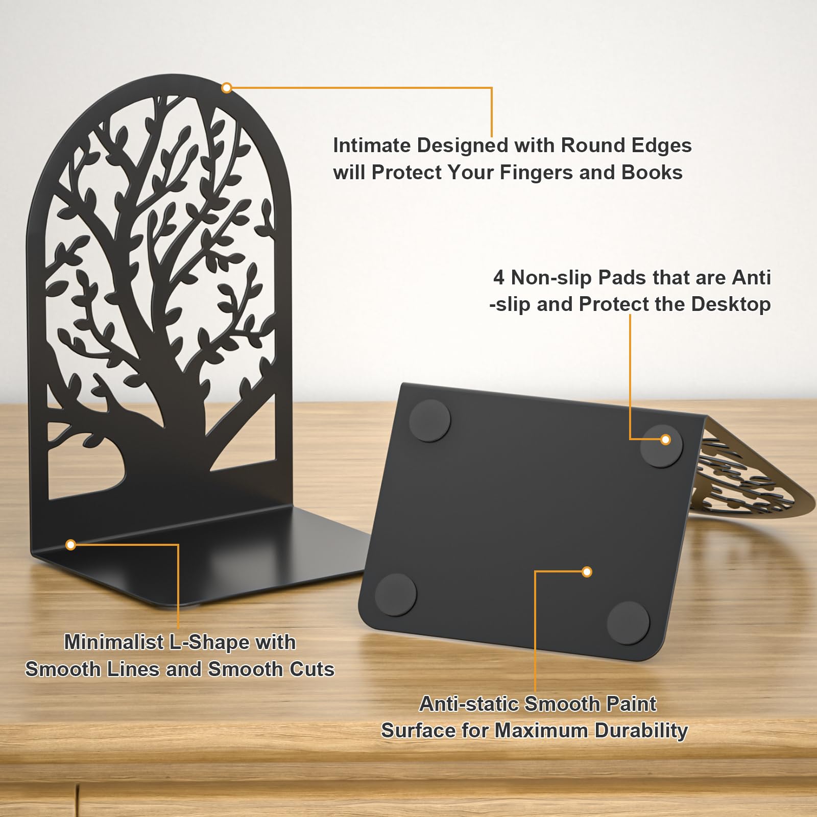 VFINE Tree Style Metal Bookends - 3 Pairs of Decorative Black Book Holders for Shelves, Office & Home - Heavy Duty Book Stopper for Organizing Books, Great for Bookshelves, Desks & Office Supplies
