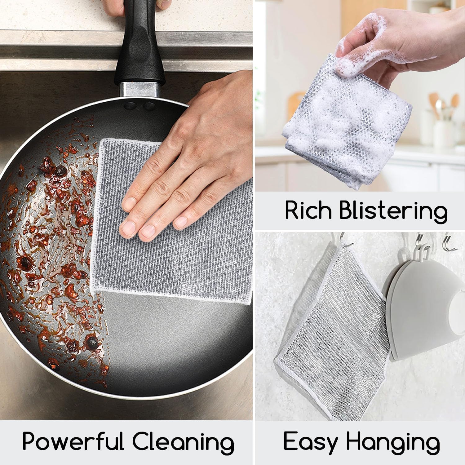 Feelon Non-Scratch Wire Dishcloth & Gap Cleaning Brush - Double-Layer Reusable Dishwashing Pads for Wet & Dry Cleaning - Easy Rinse Kitchen Scrubber for Sinks, Pots, Pans (5 Pack) - Perfect for Tough Grease, Stubborn Stains & Hard-to-Reach Areas