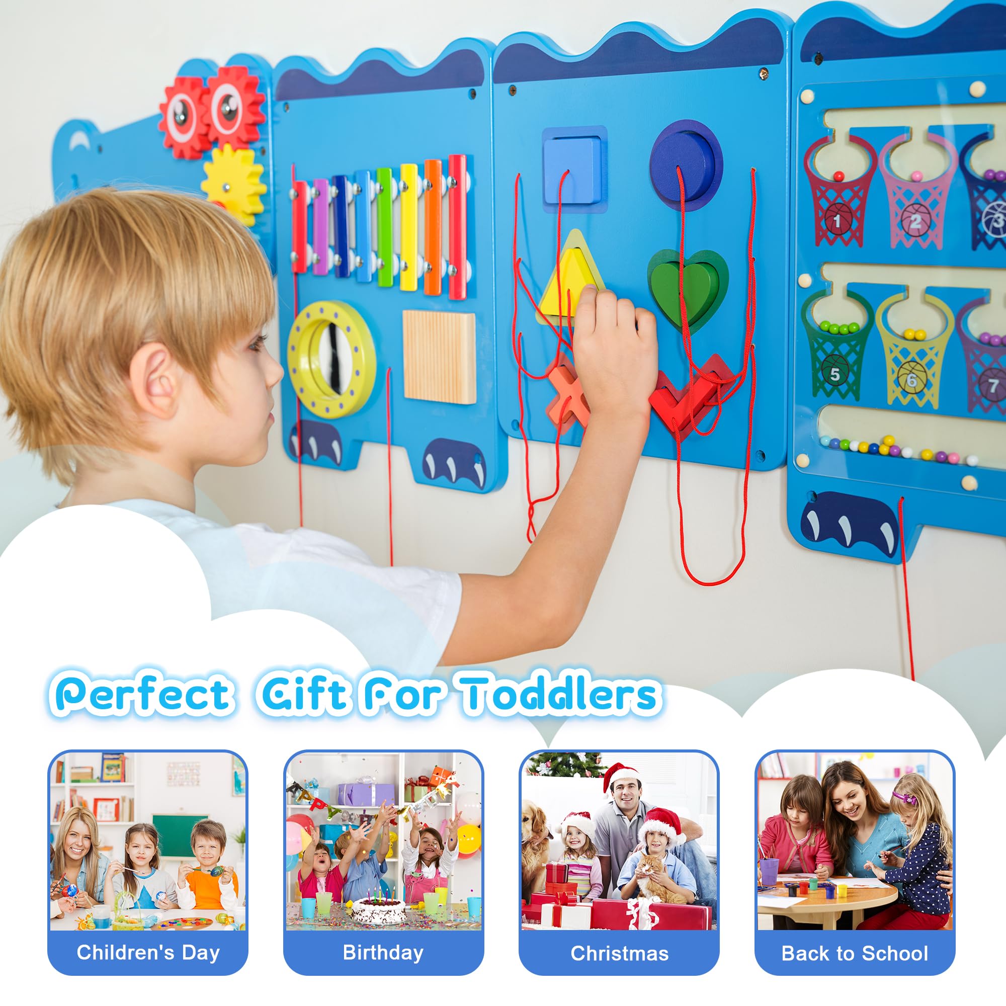 Crocodile Sensory Toys Activity Wall Panels - Montessori Educational Busy Board for Toddlers, Wooden Learning Activity Cube & Interactive Sensory Wall (Blue) | Perfect for Daycare, Preschool & Home Playrooms