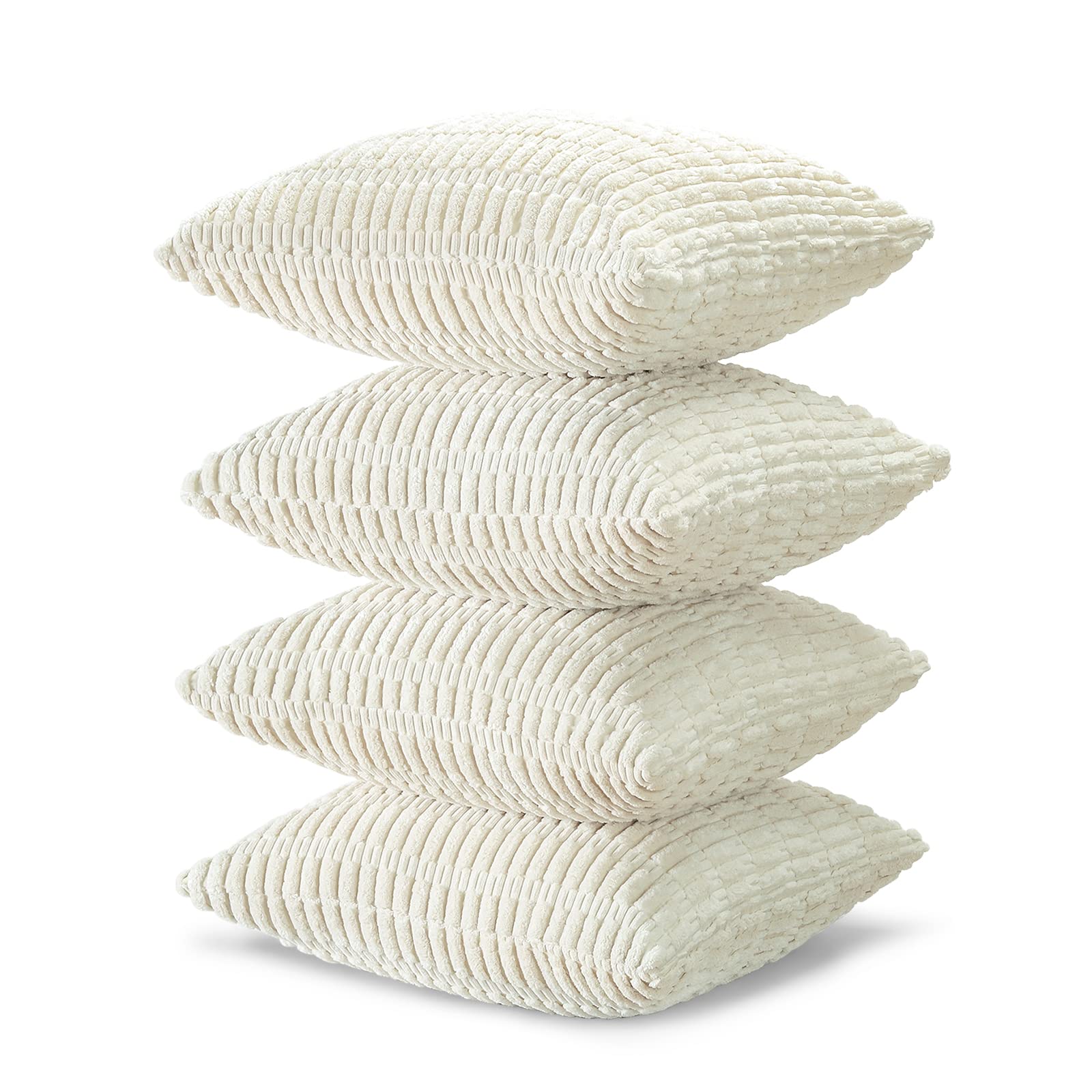 OTOSTAR Set of 4 Soft Corduroy Decorative Throw Pillow Covers 18x18 Inch (45x45cm) - Striped Square Boho Pillowcases for Sofa, Bedroom, Living Room, Patio & Farmhouse Decor - Cream White - Cozy Home Accent for Relaxation & Stylish Interior Design