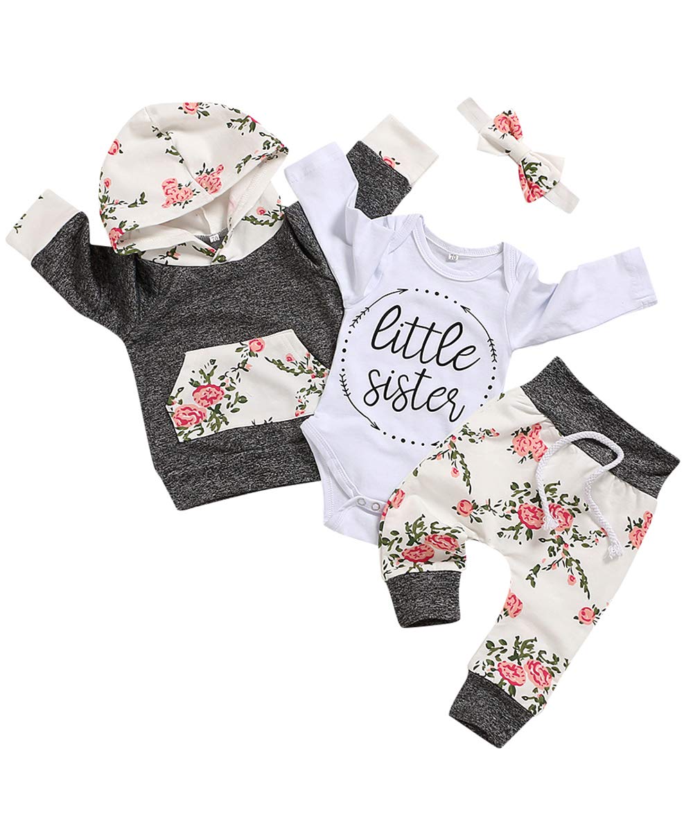 OKLady Baby Girl Clothes Set - 4PCS Floral Romper Hoodie Tops & Pants with Cute Headband | Fall Outfits for Little Sisters | Perfect for Family Photos, Playdates & Special Occasions