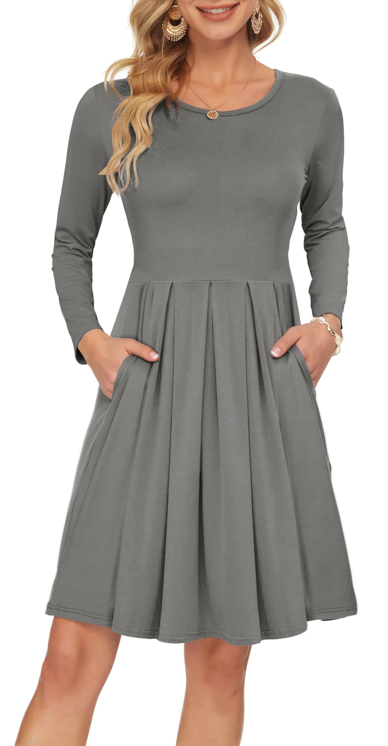 AUSELILY Women's Long Sleeve Pleated Swing Dress with Pockets - Knee Length Casual Loose Fit Dress for Everyday Wear, Office & Date Night | 2025 New Collection