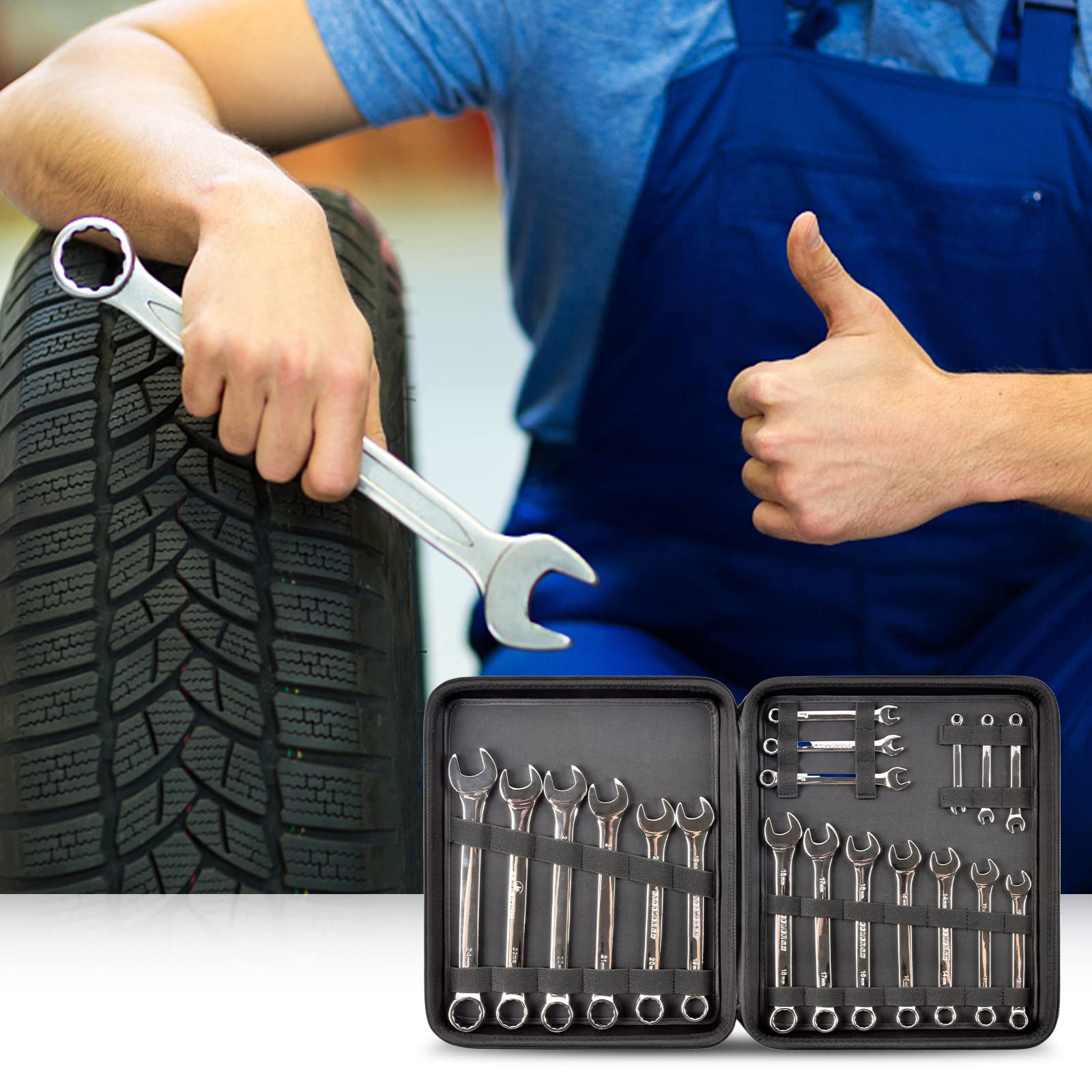 Premium Wrench Organizer Case for Ratcheting Wrench Sets - Fits Metric & SAE 19-Piece Combination Wrenches - Compatible with WORKPRO, EFFICERE, JAEGER, GEARWRENCH, CRAFTSMAN - Durable Tool Roll Pouch for Mechanics & DIY Projects - Perfect for Garage Organization & Mobile Repair Kits