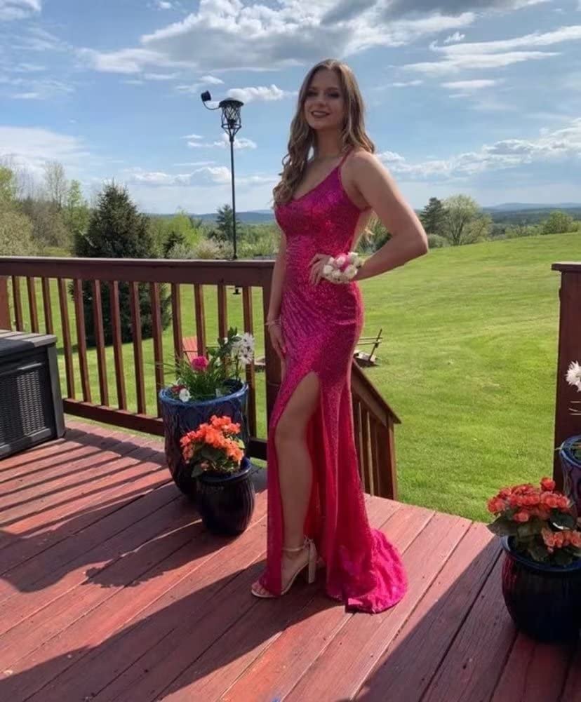 Sparkly Sequin Prom Dresses for Women - Long Mermaid Evening Gown with Thigh High Slit & Spaghetti Straps | Perfect for Homecoming, Formal Dances & Special Occasions