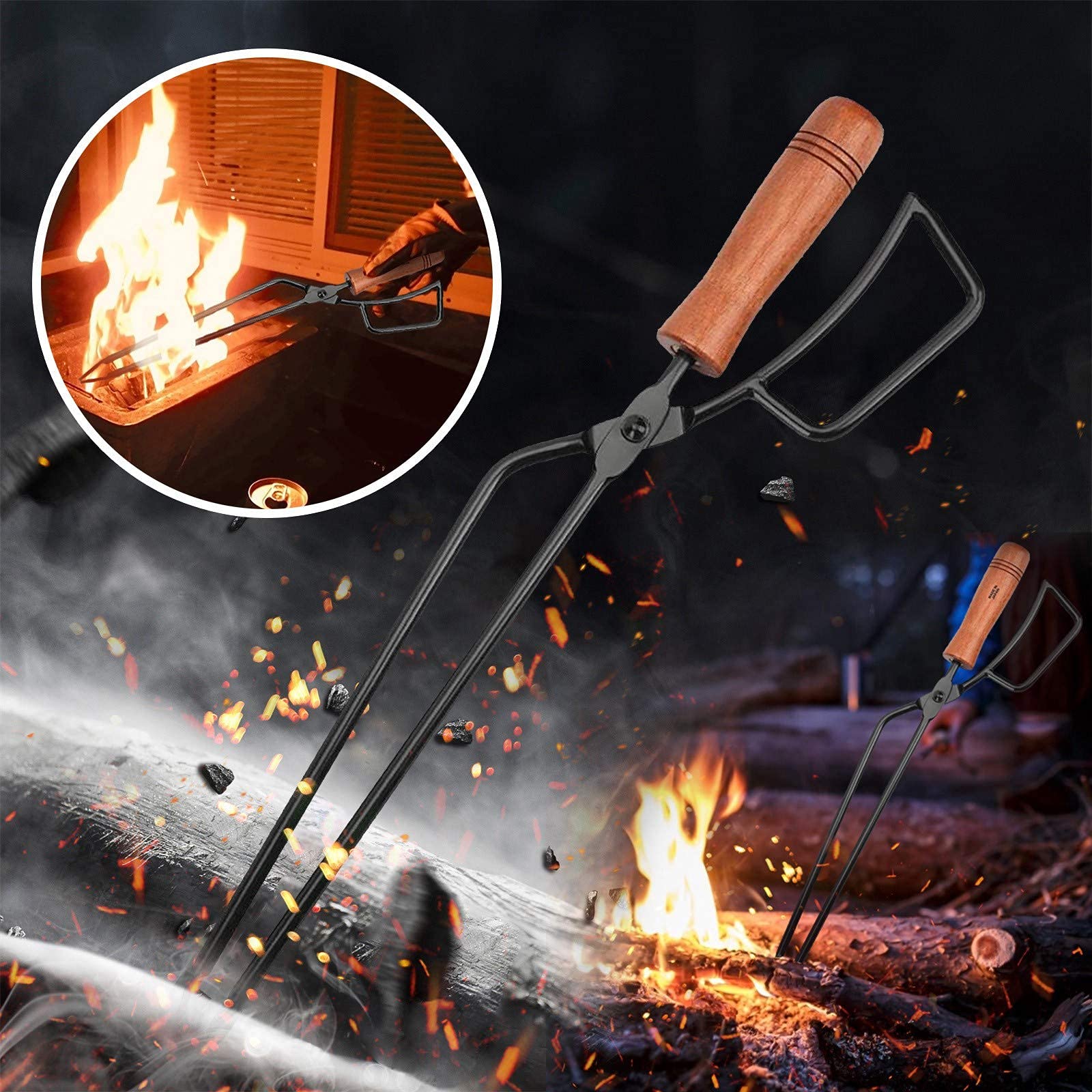 Qiuqiu BBQ Charcoal Tongs - Heavy Duty Iron Fireplace & Grill Tongs with Anti-Slip Heat-Resistant Handle - Perfect for Camping, Backyard Grilling & Fire Pit Accessories
