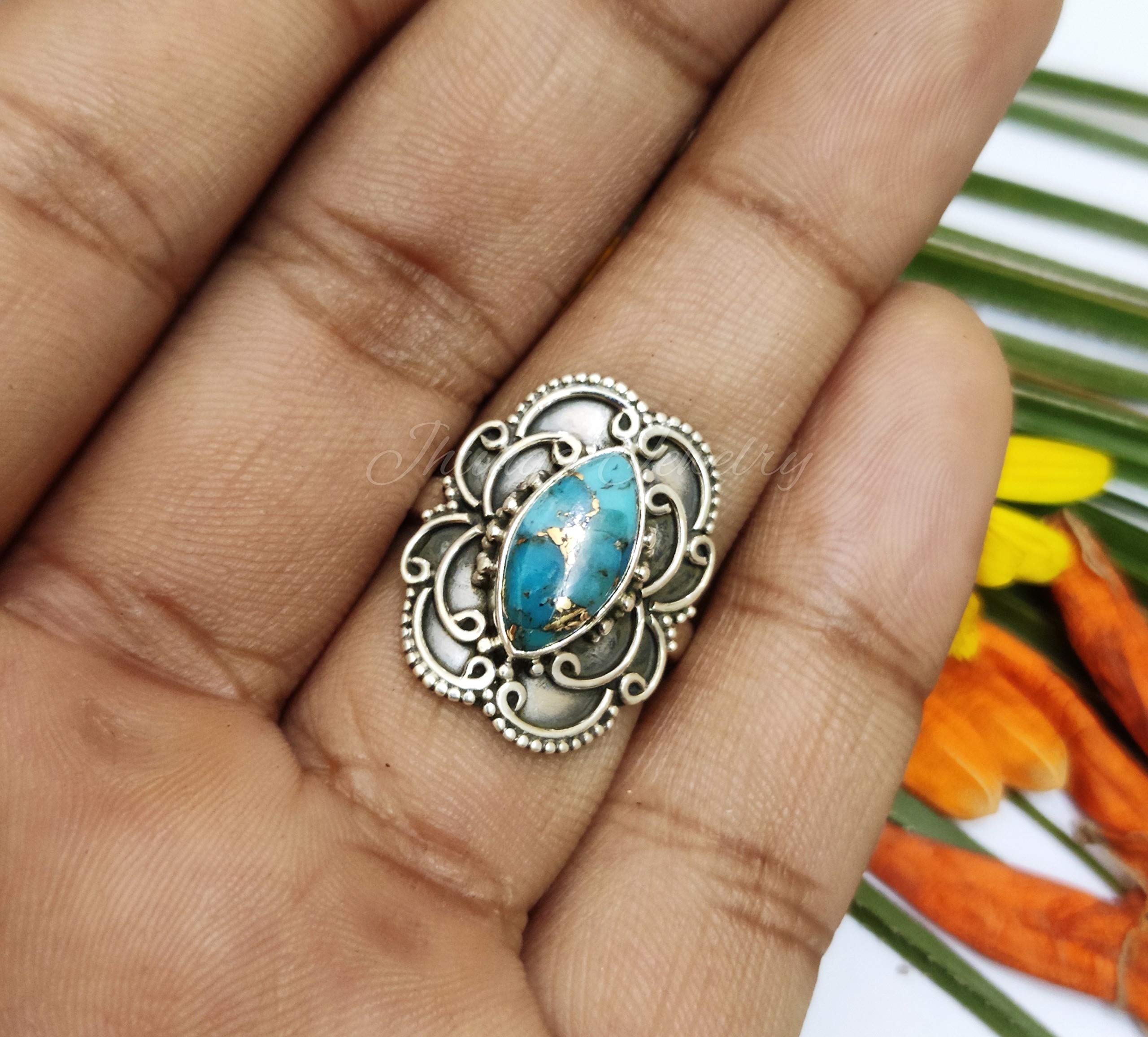 Blue Copper Turquoise Sterling Silver Ring | Boho Dainty Statement Jewelry | Natural Gemstone Oxidized Vintage Southwestern Ring | Perfect for Casual Wear, Festivals & Gift Giving