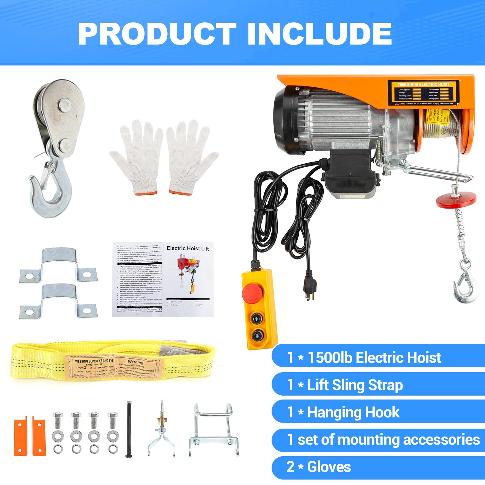 1500lbs Electric Hoist Winch with Remote Control - 110V/120V Automatic Lift Crane with 6.56ft Handle Wire & Emergency Stop - Perfect for Garage, Warehouse, Ceiling & Factory Use
