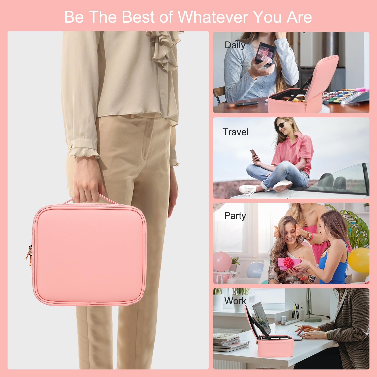 MONSTINA Travel Makeup Bag with LED Mirror - 3 Adjustable Brightness Lighted Cosmetic Case, Portable Makeup Organizer for Women & Girls (Pink) - Perfect for Travel, Home Vanity & On-the-Go Touchups