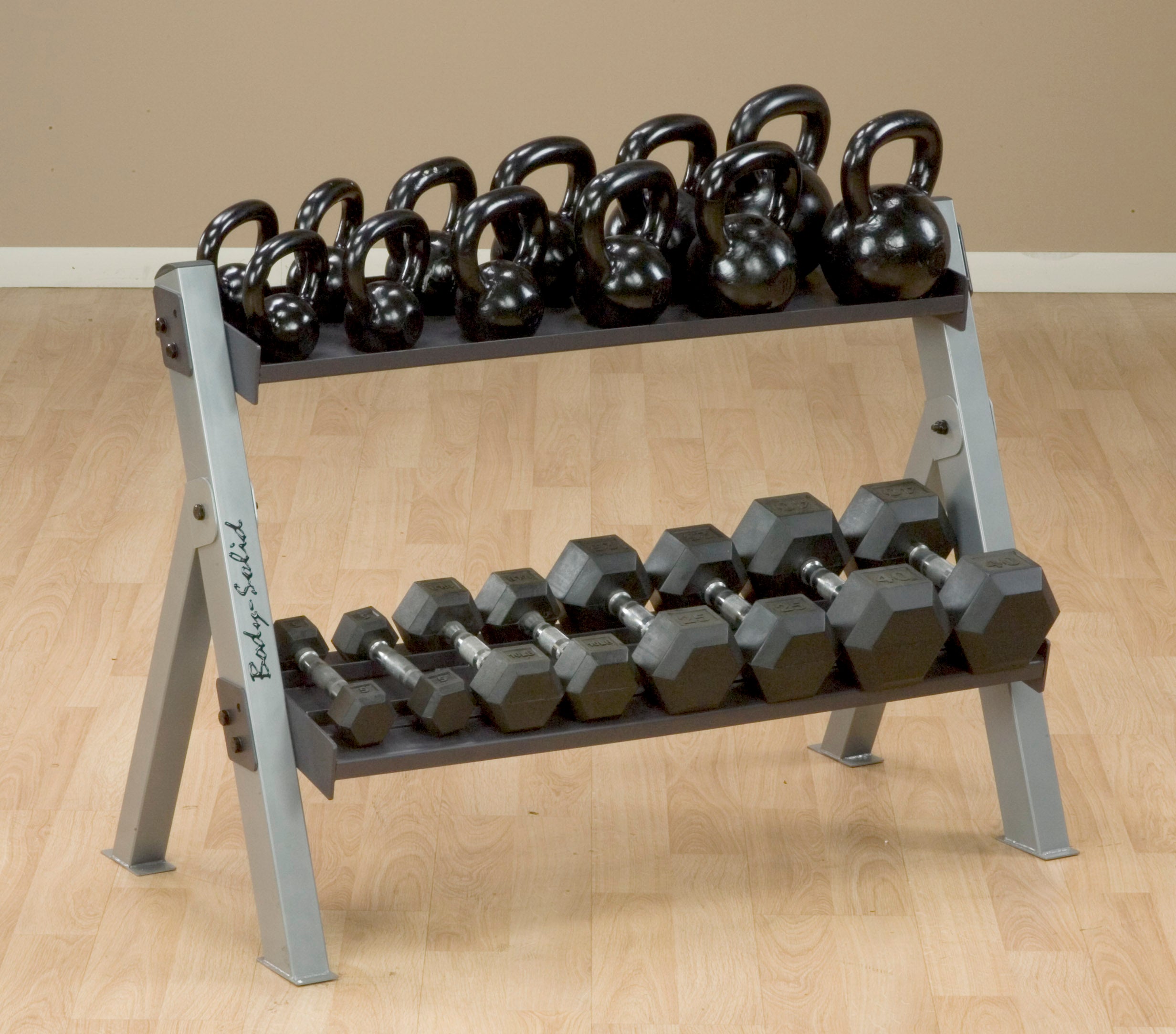 Body Solid 2-in-1 Reversible Dumbbell & Kettlebell Rack - Heavy Duty Weight Storage Organizer for Home Gym & Fitness Studio
