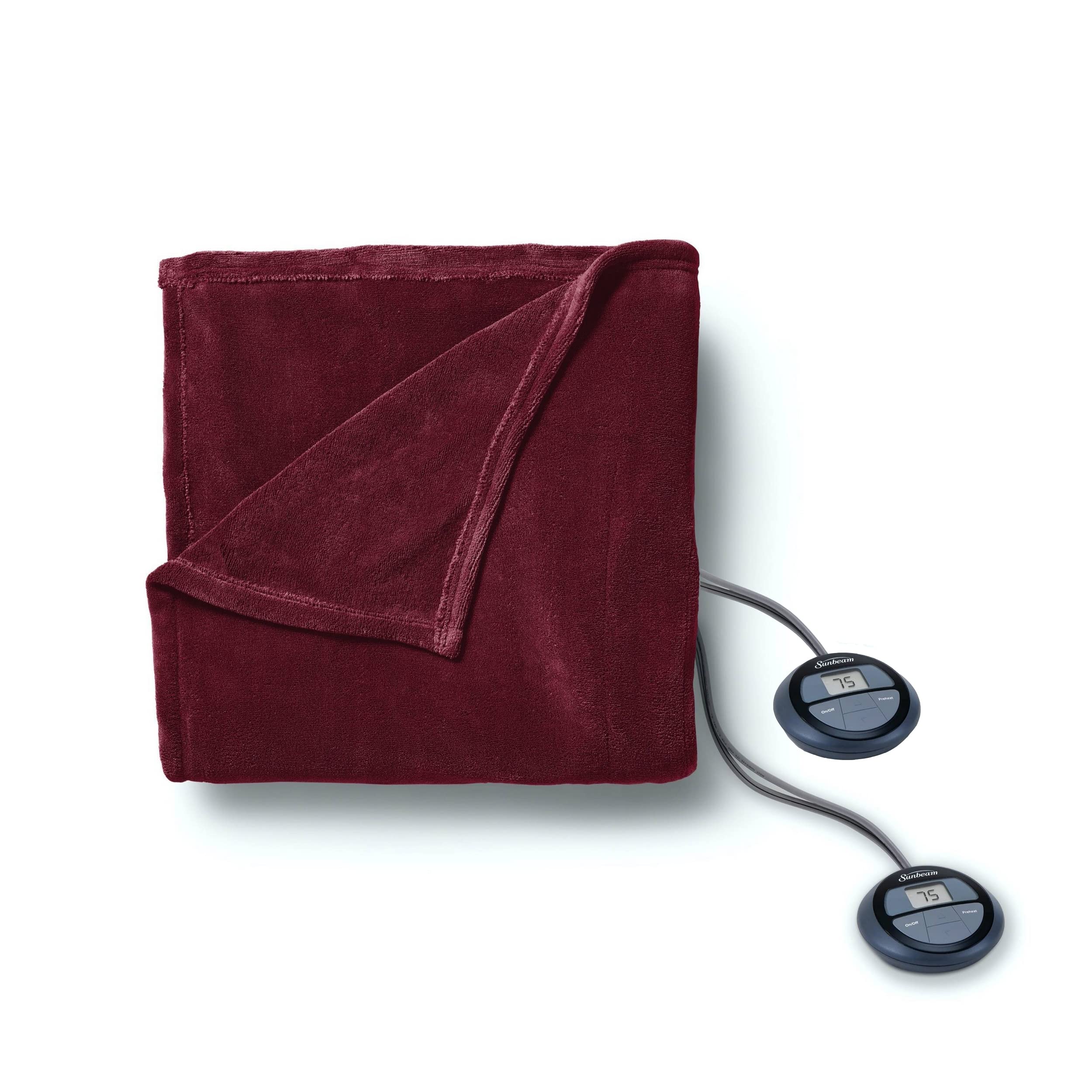 Sunbeam Queen Size Electric Heated MicroPlush Blanket - Garnet Red with Dual Digital Controllers | Ultra Soft Warming Blanket for Cold Nights, Bedroom, Living Room & Office Use