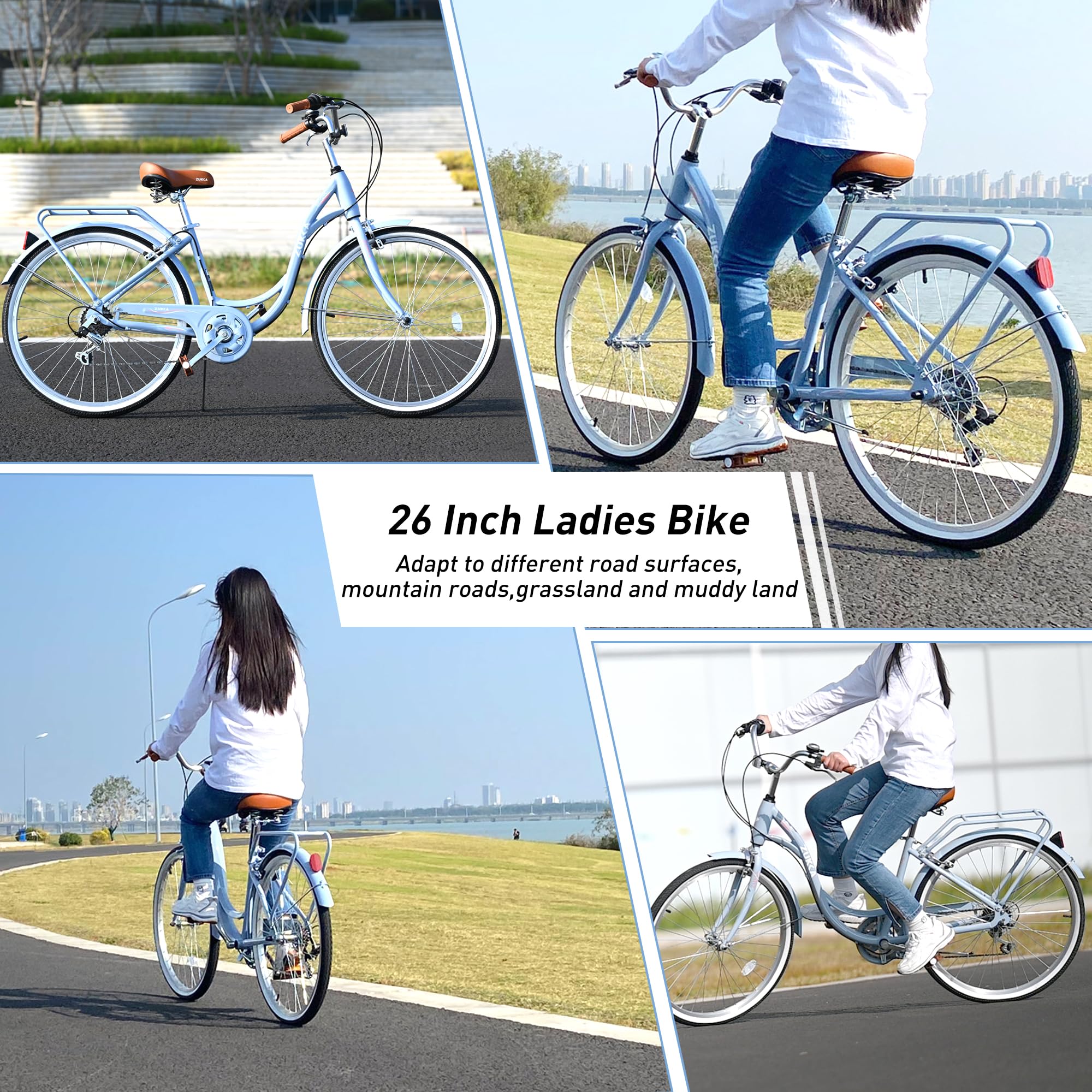 **ZUKKA 24/26 Inch Women's Beach Cruiser Bike - 7 Speed City Bicycle with Dual V-Brake, Adjustable Seat & Multiple Colors - Perfect for Commuting, Leisure Rides & Coastal Adventures**