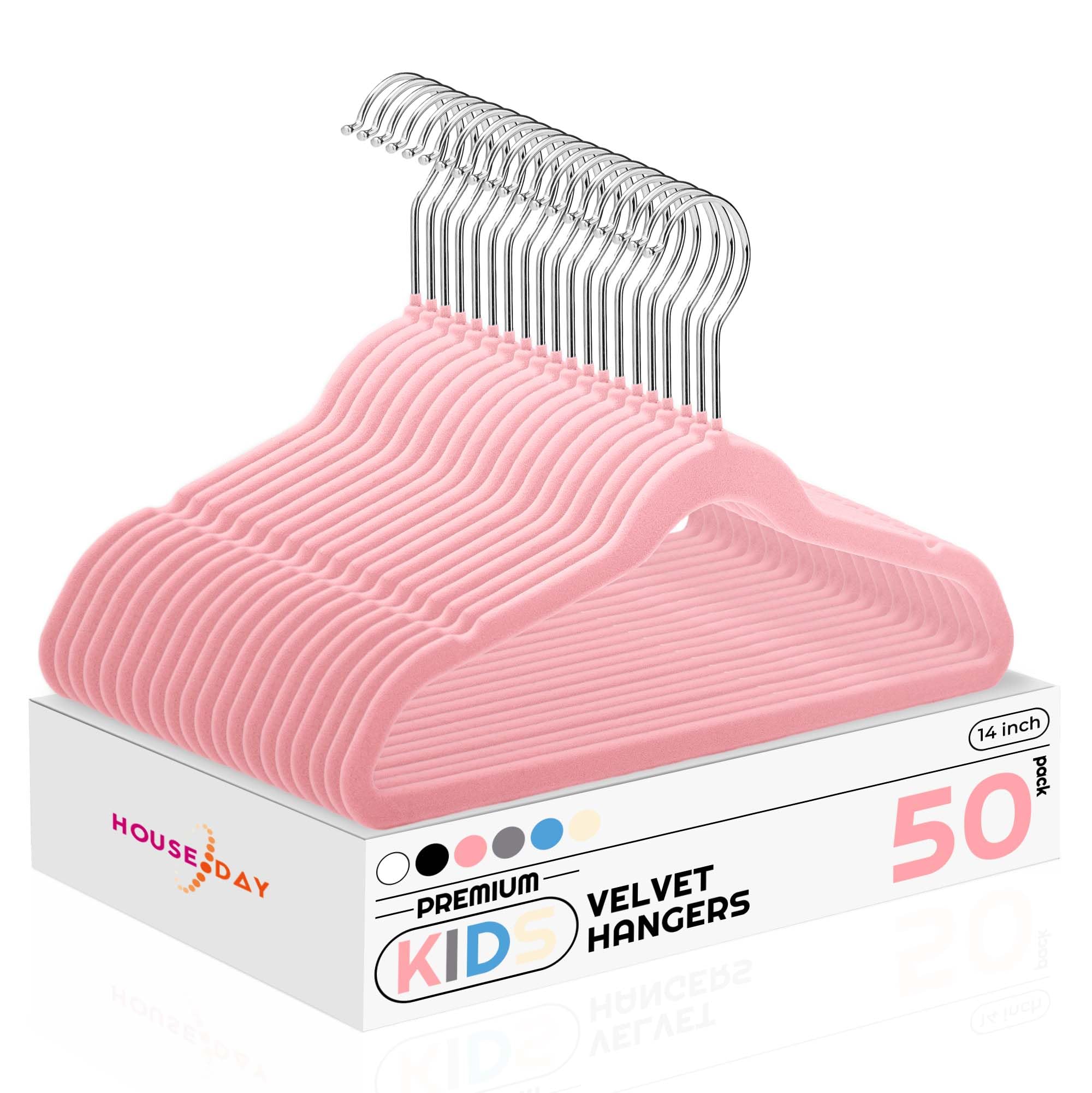 HOUSE DAY 50 Pack Kids Velvet Hangers - 14 Inch Durable Non-Slip Felt Hangers for Children & Youth - Pink Closet Organizers for Boys & Girls (Perfect for School Uniforms, Dresses & Delicate Clothing)