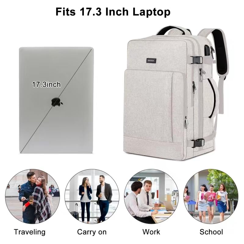 Extra Large Travel Backpack for Men & Women - 17.3 Inch Flight Approved Carry On Backpack with USB Charger Port, Sturdy Zipper & Luggage Sleeve - Perfect for Business Trips, Air Travel & Daily Commute (Beige)