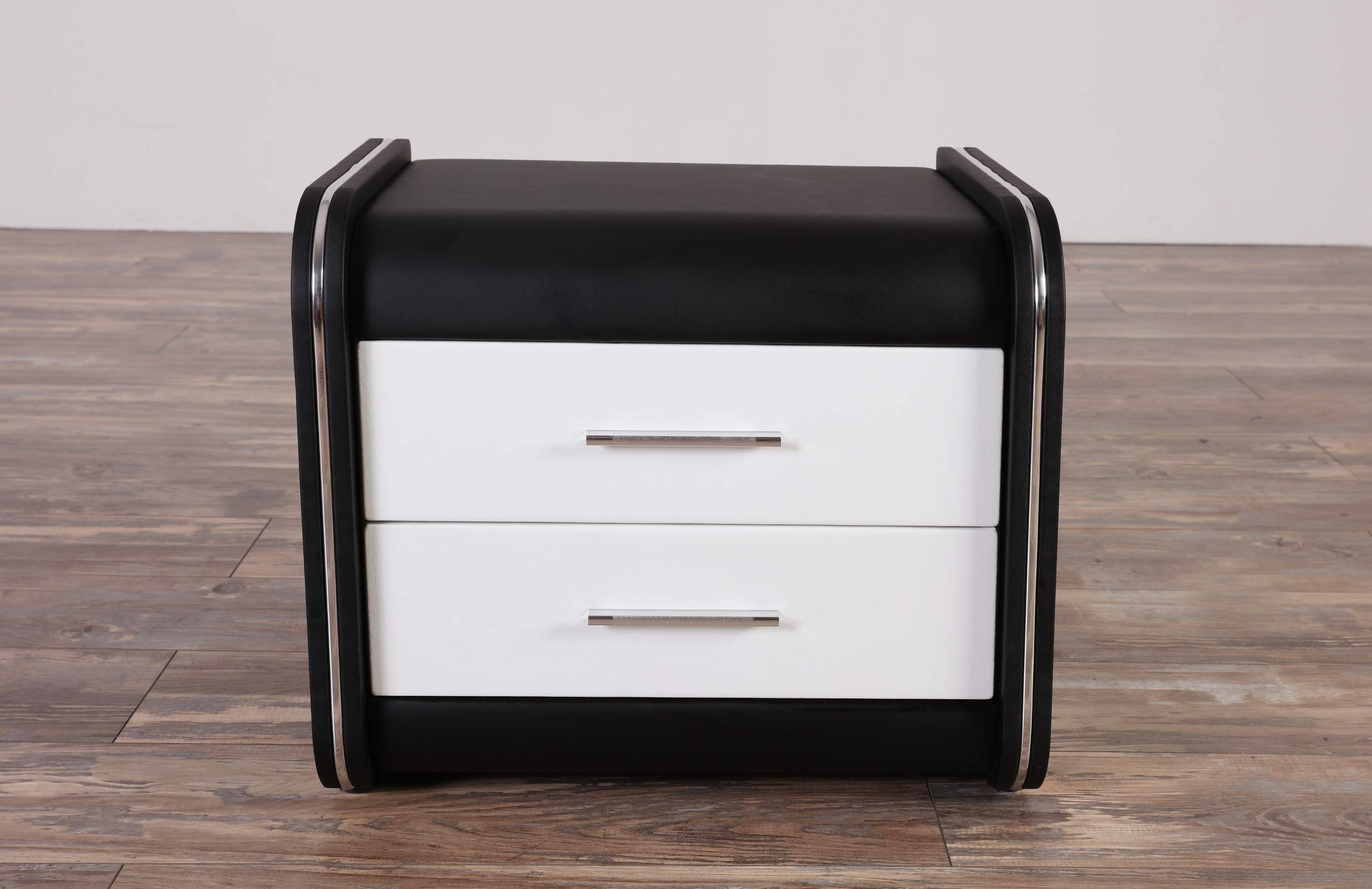 Modern Black and White Vinyl Covered Nightstand with 2 Drawers - Bedroom Side Table for Small Spaces, Apartment Furniture, Bedside Storage Solution
