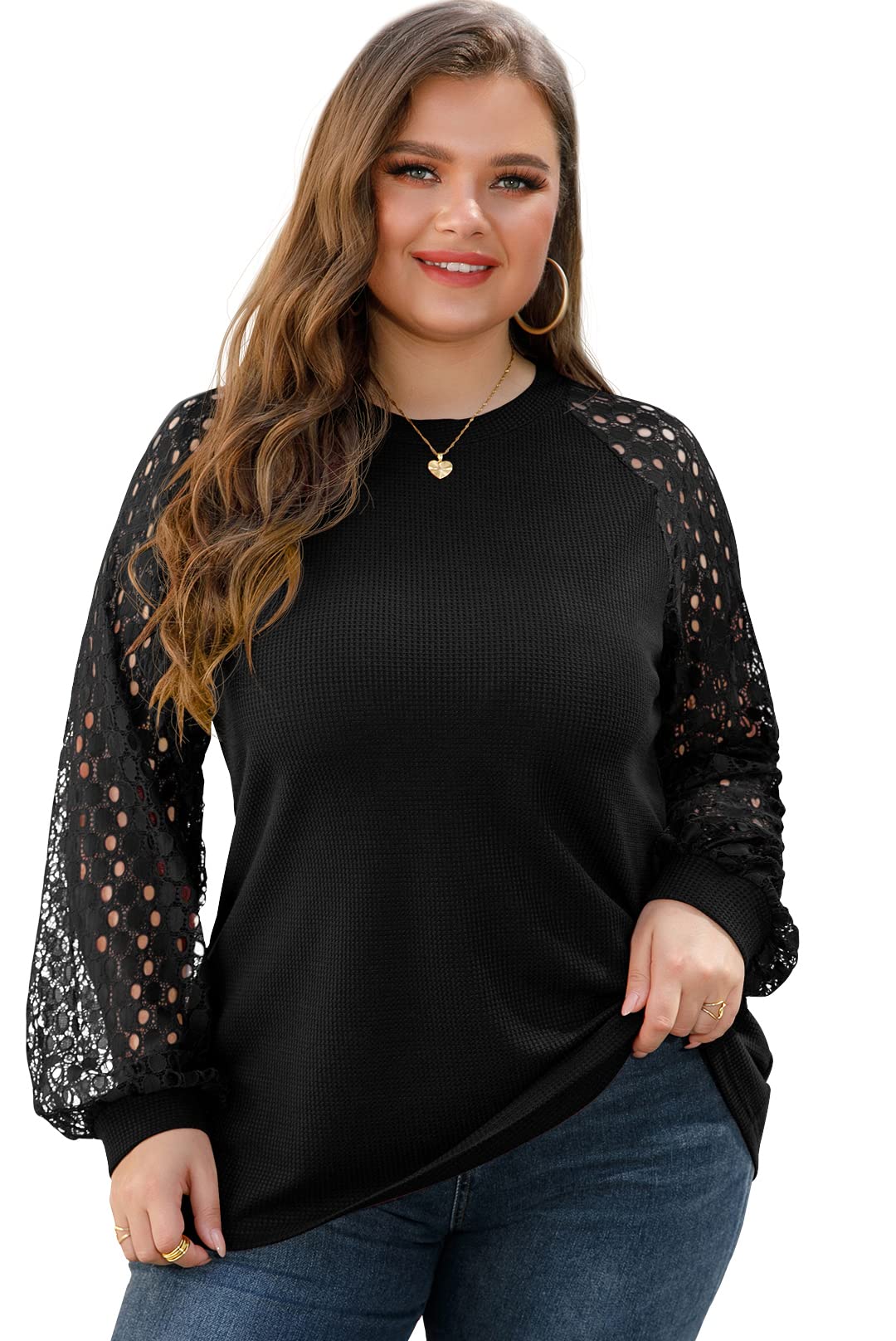 OLRIK Women's Plus Size Lace Sleeve Blouse - Soft Waffle Knit Long Sleeve Tops for Casual Wear, Office & Date Night Outfits