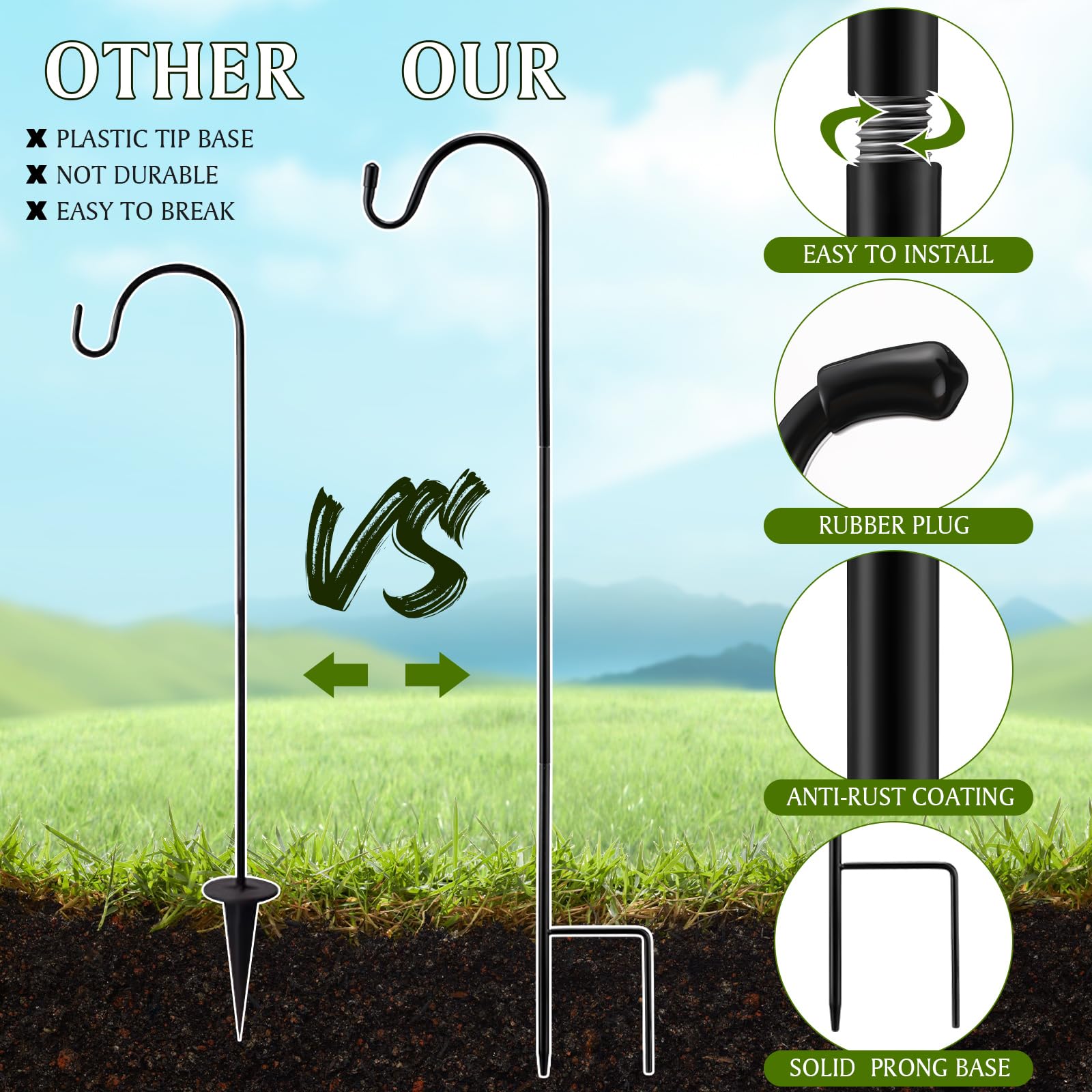 12 Pack 24 Inch Adjustable Shepherd Hooks - Heavy Duty Rust Resistant Metal Garden Hooks for Bird Feeders, Plant Baskets, Solar Lights & Wedding Decor - Perfect for Outdoor Hanging Decorations & Backyard Landscaping