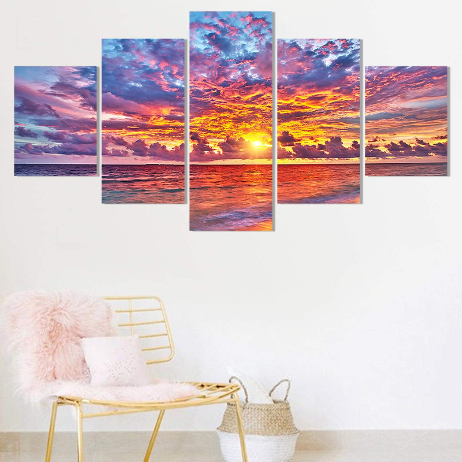 MAZF 5-Piece Sunset Beach Wall Art - Vibrant Nature Paintings, Ocean Seascape Canvas Artwork for Living Room, Bedroom & Office Decor