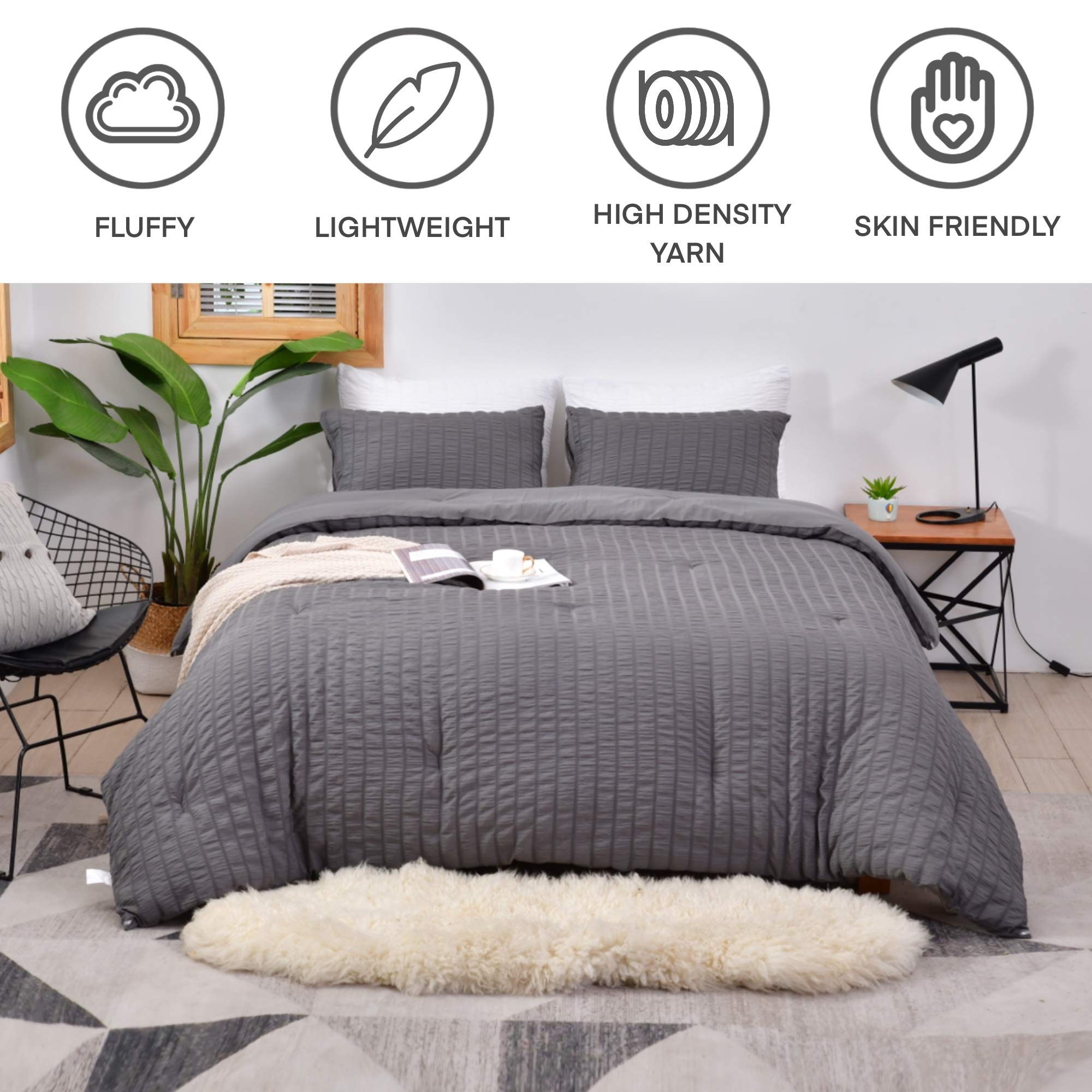 AveLom Seersucker Full Comforter Set (80x90 inches) - 3 Piece 100% Soft Washed Microfiber Lightweight Bedding Set with 2 Pillowcases | All Season Down Alternative Comforter for Queen/Full Size Beds | Breathable & Cozy for Summer, Winter, and Year-Round Comfort (Gray)