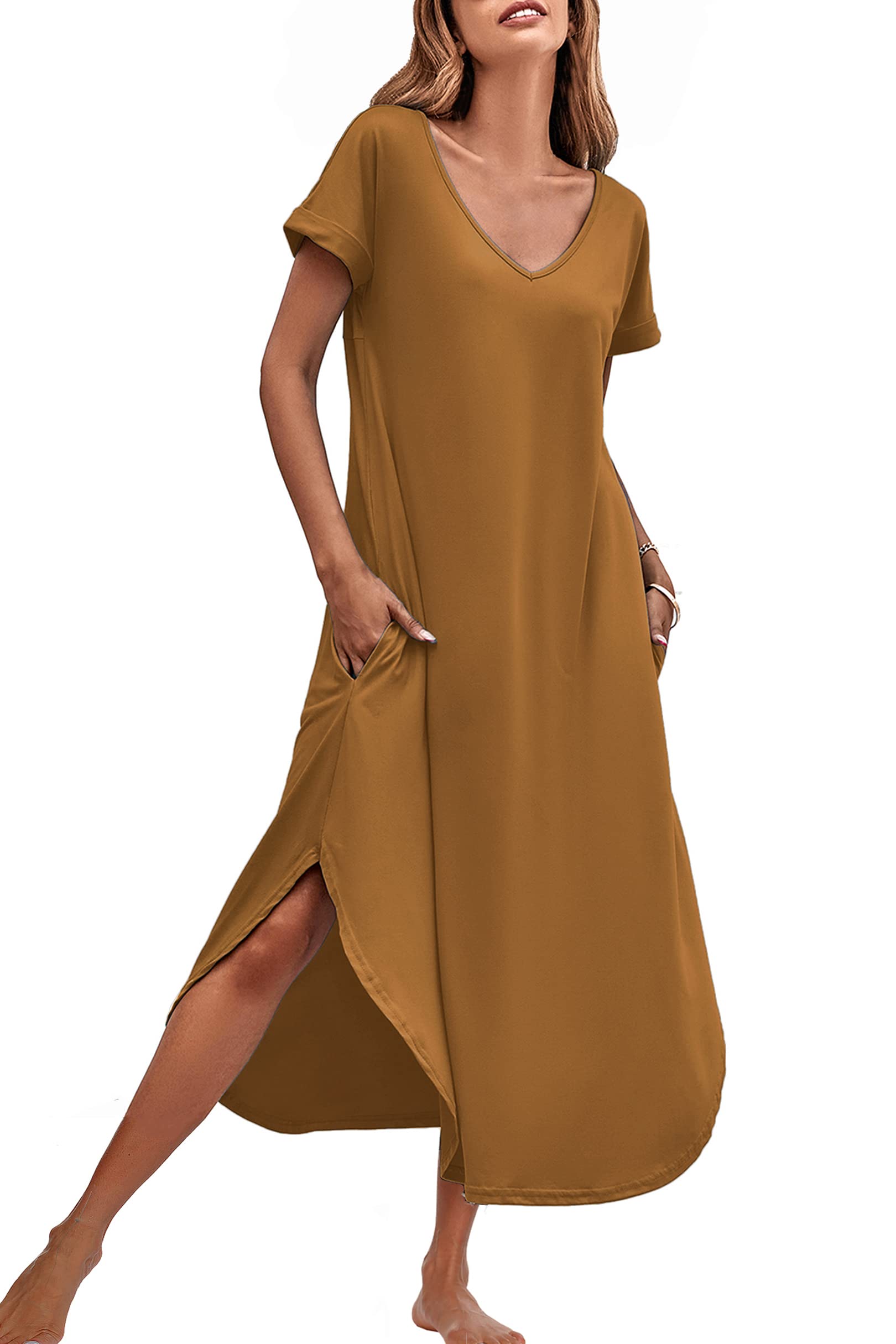 Ekouaer Women's V-Neck Short Sleeve Nightgown - Soft Sleepwear with Side Split Pockets, Sizes S-3XL - Perfect for Relaxing at Home, Lounging & Comfortable Sleep