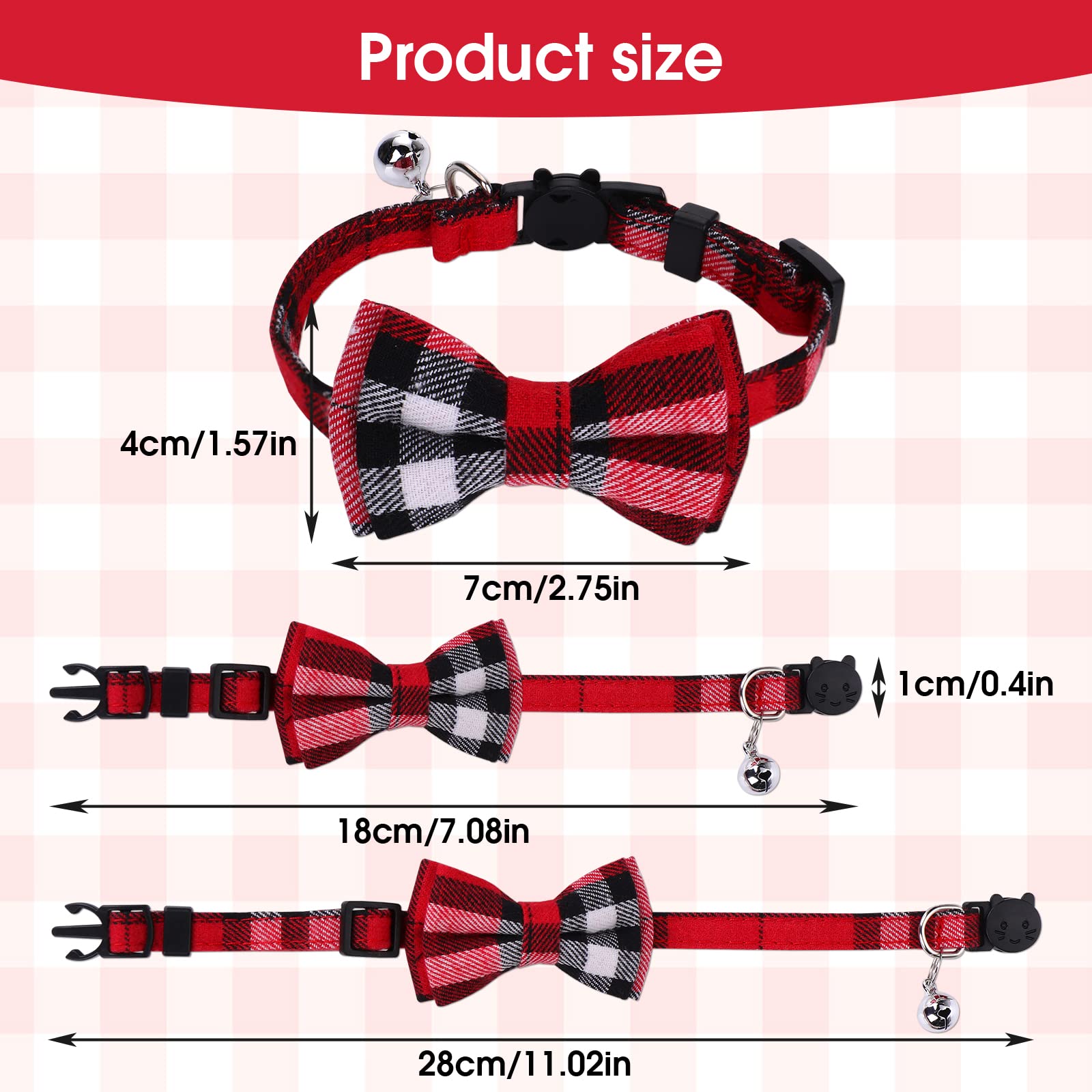 Giantree 4Pcs Adjustable Breakaway Cat Collars with Bow Tie & Bell - Cute Plaid Design 7-12 Inch for Kittens, Cats & Small Dogs - Perfect for Pet Parties, Photo Shoots & Daily Fashion Accessories
