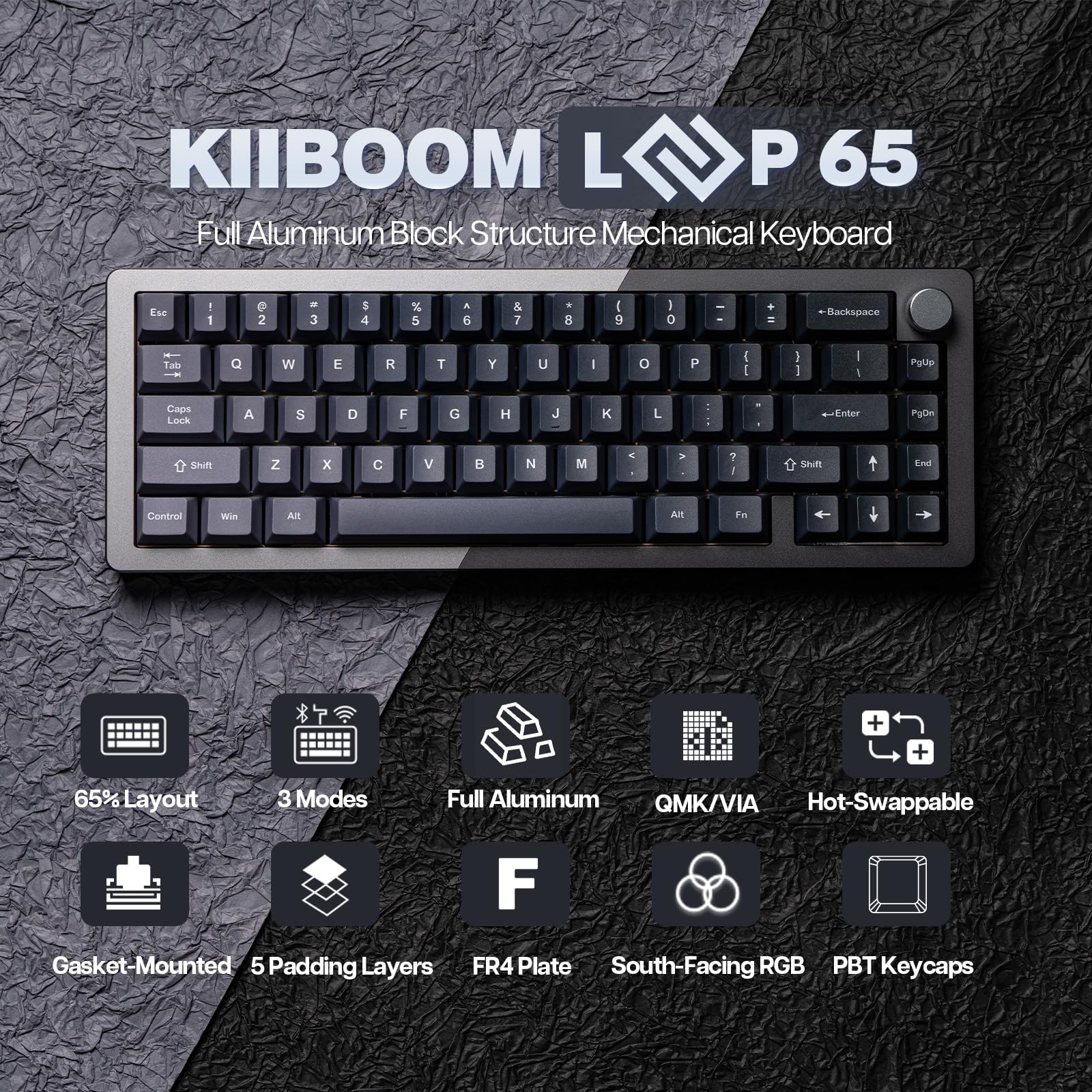 KiiBoom Loop 65 65% Compact Mechanical Keyboard - Full Aluminum Body, QMK/VIA Programmable, Wireless BT5.0/2.4GHz/USB-C, Gasket Mount, FR4 Plate, RGB Backlit for Gaming & Typing - Compatible with Windows/Mac (Grey Black) - Perfect for Esports, Office Work & Content Creation