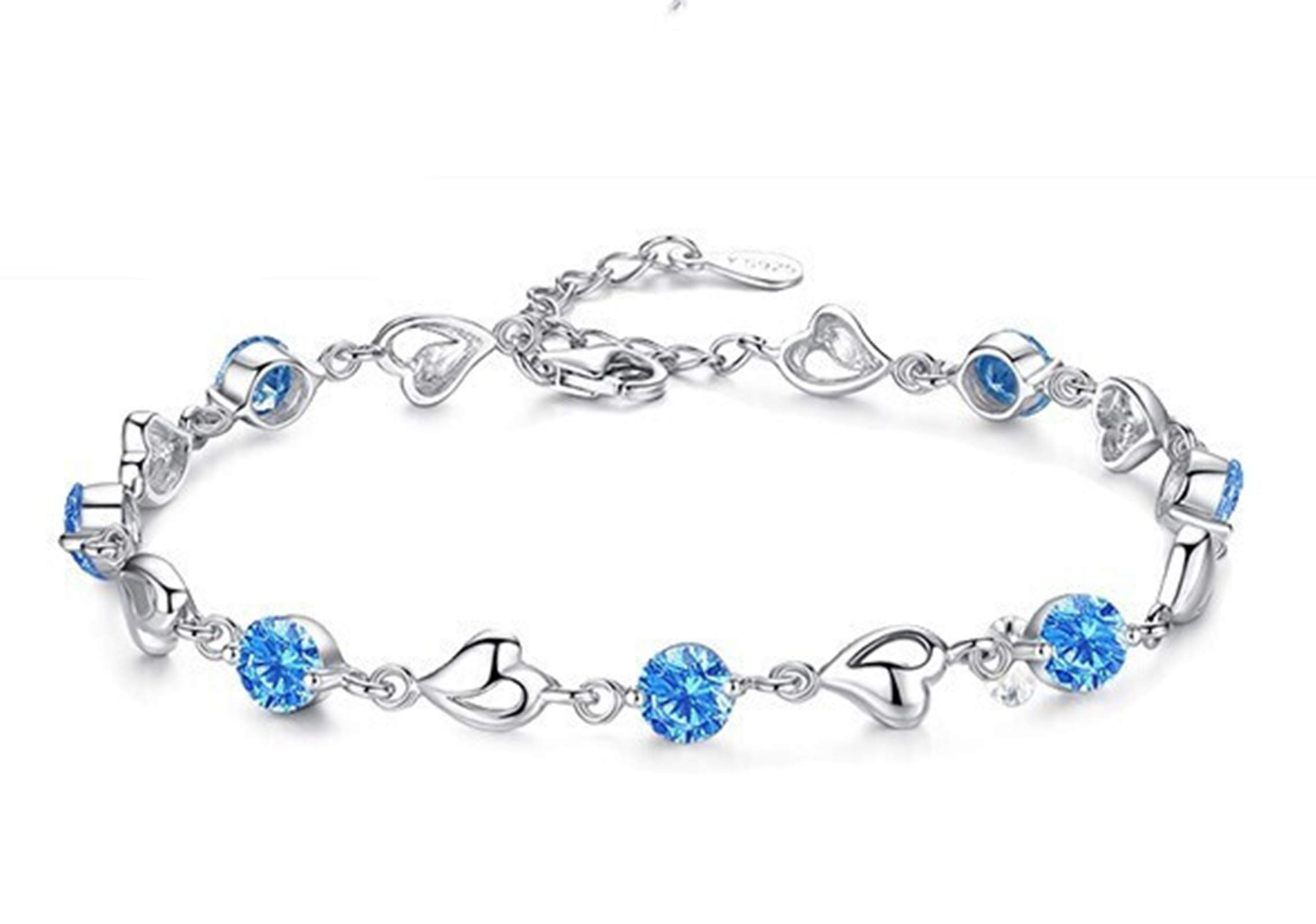 CathyLadi Love Heart Charm Bracelet for Women - Platinum Plated Silver with Blue Cubic Zirconia, Adjustable 7.5