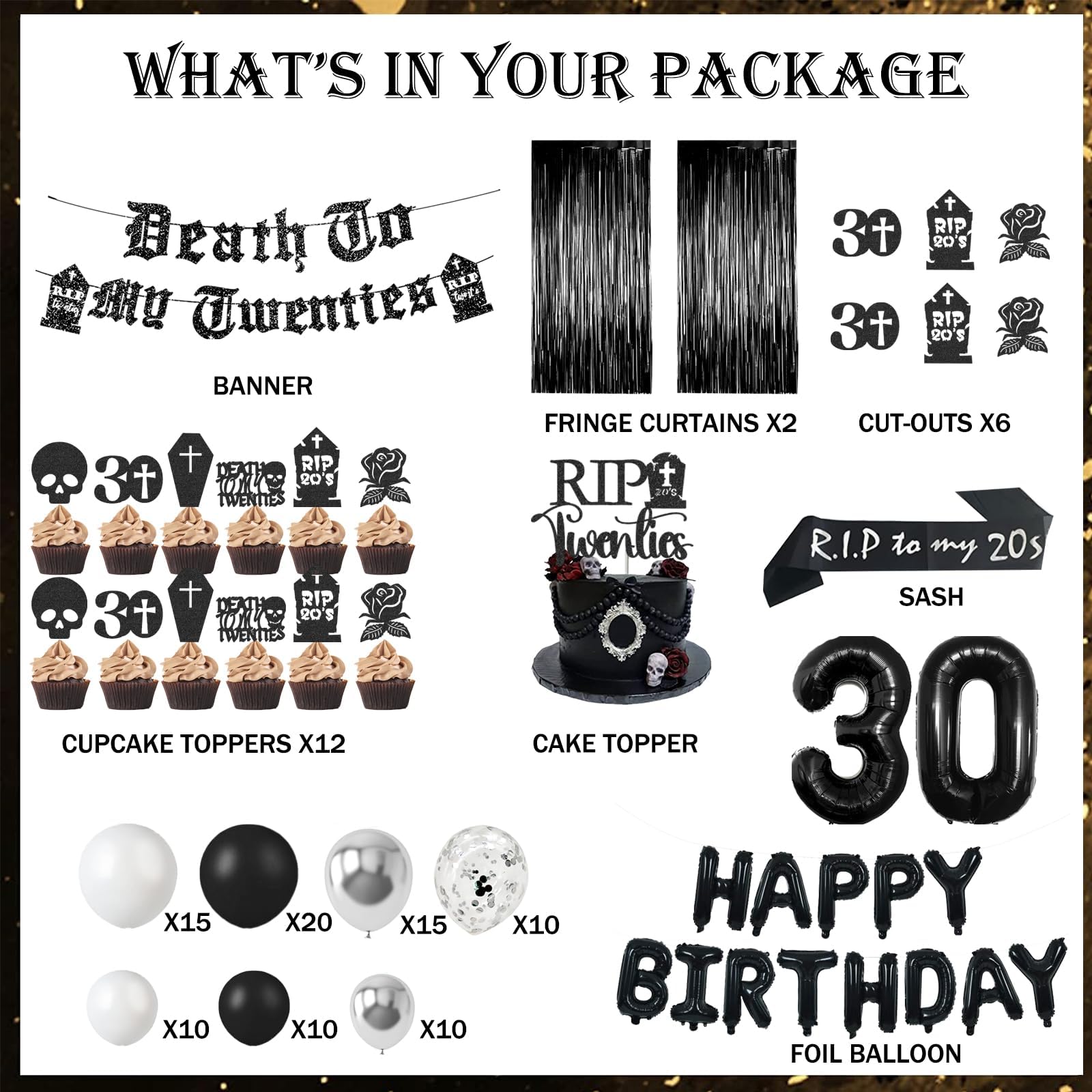 128 PCs Death To My 20s Party Decorations Kit - Funeral For My Youth 30th Birthday Supplies with Fringe Curtain, Balloon Garland, Glitter Banner, Cake Toppers & Tombstone Cutouts | Perfect for Milestone Birthday Parties, Dark Humor Celebrations & Themed Events