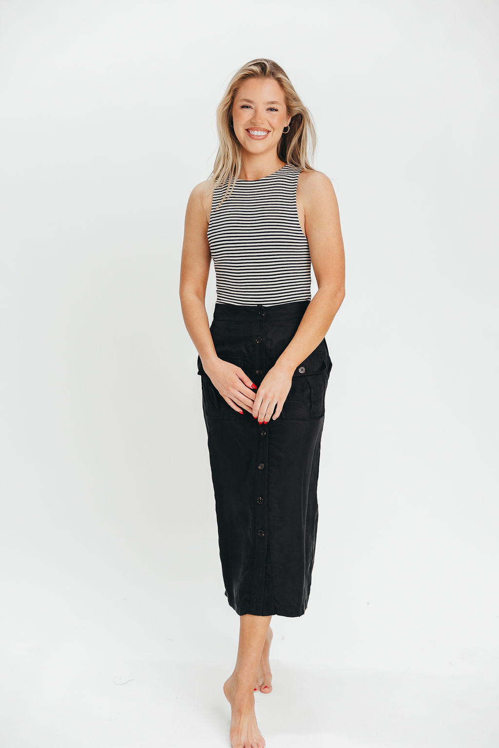 Better Days Black Button Down Midi Cargo Skirt for Women | Casual Streetwear & Outdoor Adventure Skirt | Perfect for Hiking, Travel & Everyday Wear