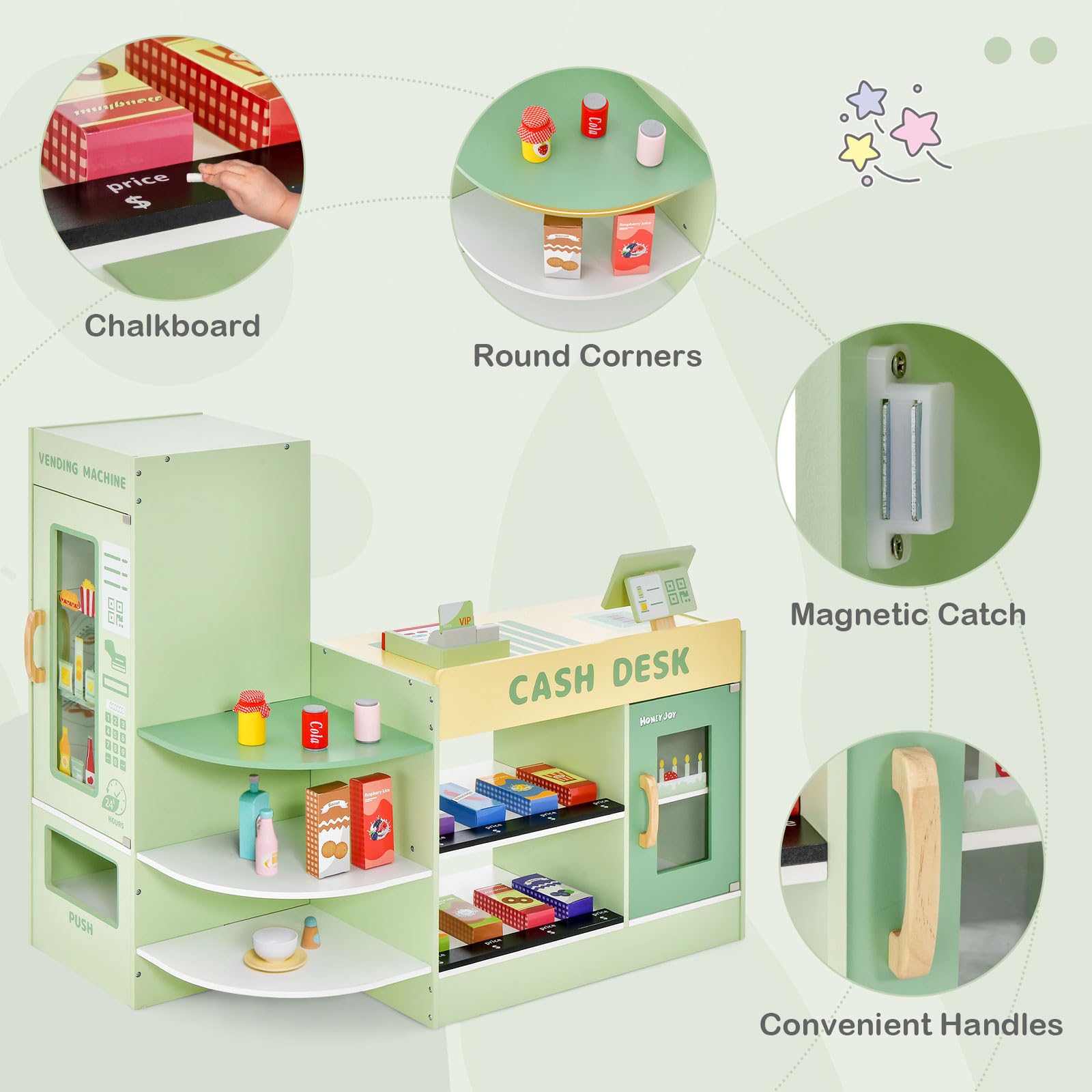 HONEY JOY Wooden Supermarket Playset for Kids - Pretend Play Grocery Store Toy with Cash Register, Vending Machine, Blackboard & Checkout Counter - Educational Role Play Toy for Toddler Boys & Girls (Green) | Perfect for Home, Classroom & Daycare Pretend Play Activities