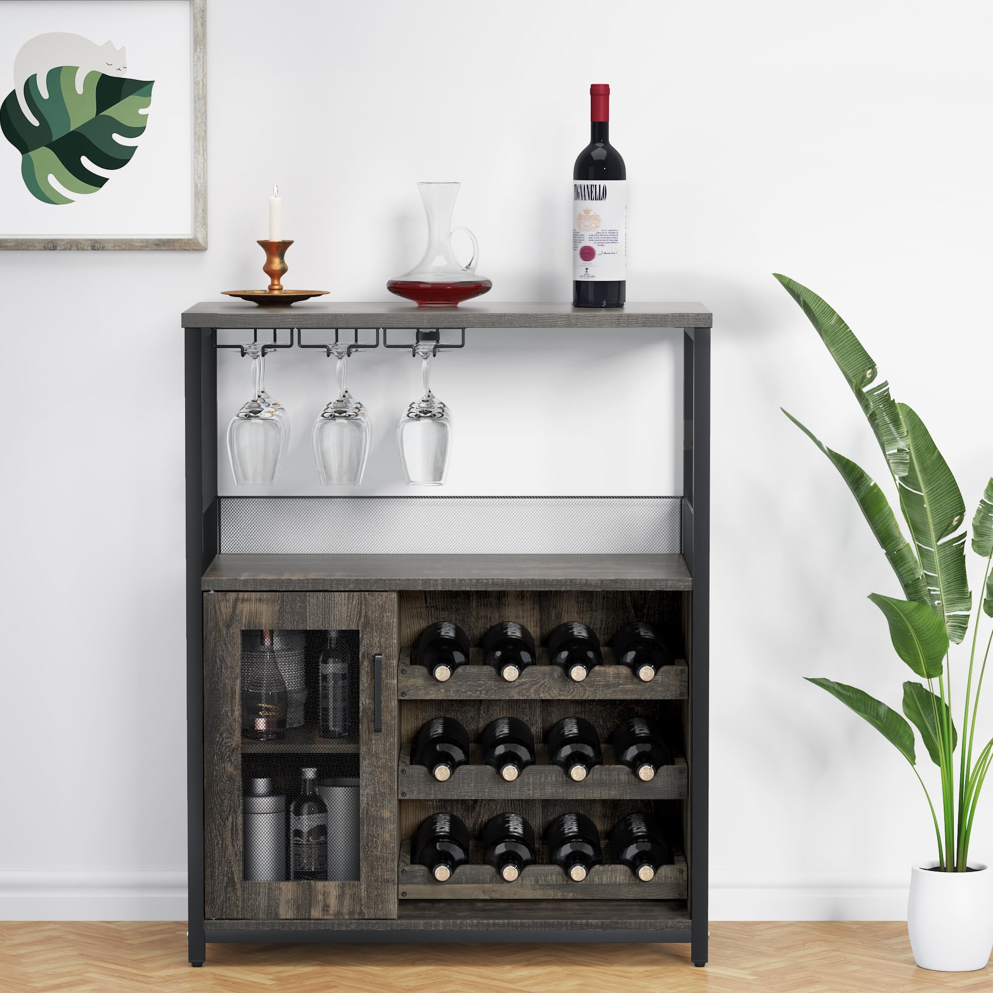 GAOMON Wine Bar Cabinet with Detachable Wine Rack - Bar Storage Cabinet with Glass Holder, Mesh Door & Drawer - Small Sideboard Buffet for Liquor, Wine Glasses & Bar Accessories - Perfect for Dining Room, Kitchen or Home Bar Setup