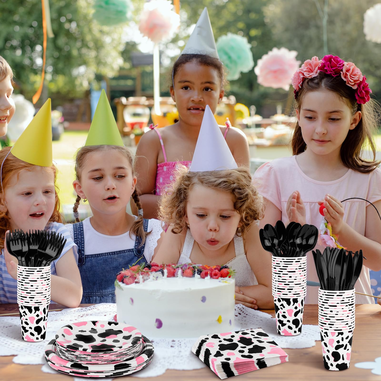 Durable 350-Piece Pink Cow Print Party Tableware Set - Plates, Cups, Napkins, Forks, Knives & Spoons - Farm Theme Cowgirl Party Supplies for Baby Showers, Birthday Parties & Western Decor (Serves 50) - Perfect for Farm-Themed Events, Cowgirl Birthday Parties & Rustic Baby Showers