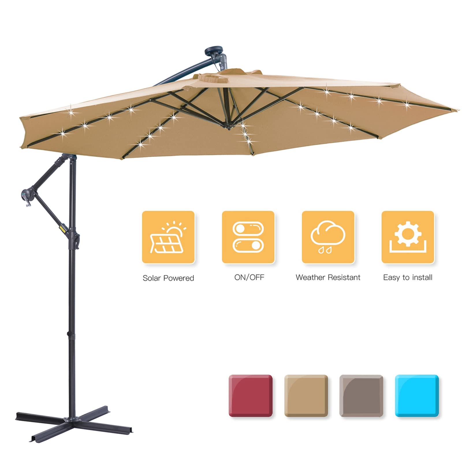 10 FT Solar LED Cantilever Patio Umbrella with Base - 32 Bright LED Lights, Easy Open Adjustable Outdoor Umbrella for Garden, Poolside & Backyard Relaxation