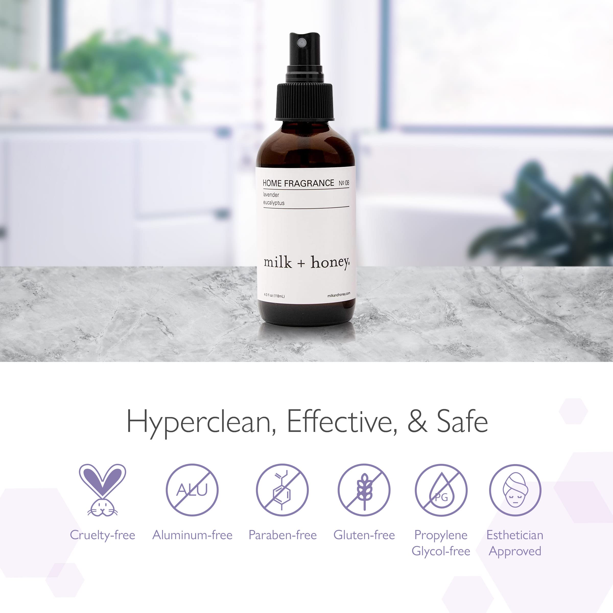 milk + honey Home Fragrance No. 08 - Lavender & Eucalyptus Essential Oil Aromatherapy Spray | Calming & Relaxing Room Air Freshener | 4 Oz | Perfect for Bedroom, Bathroom & Office Stress Relief