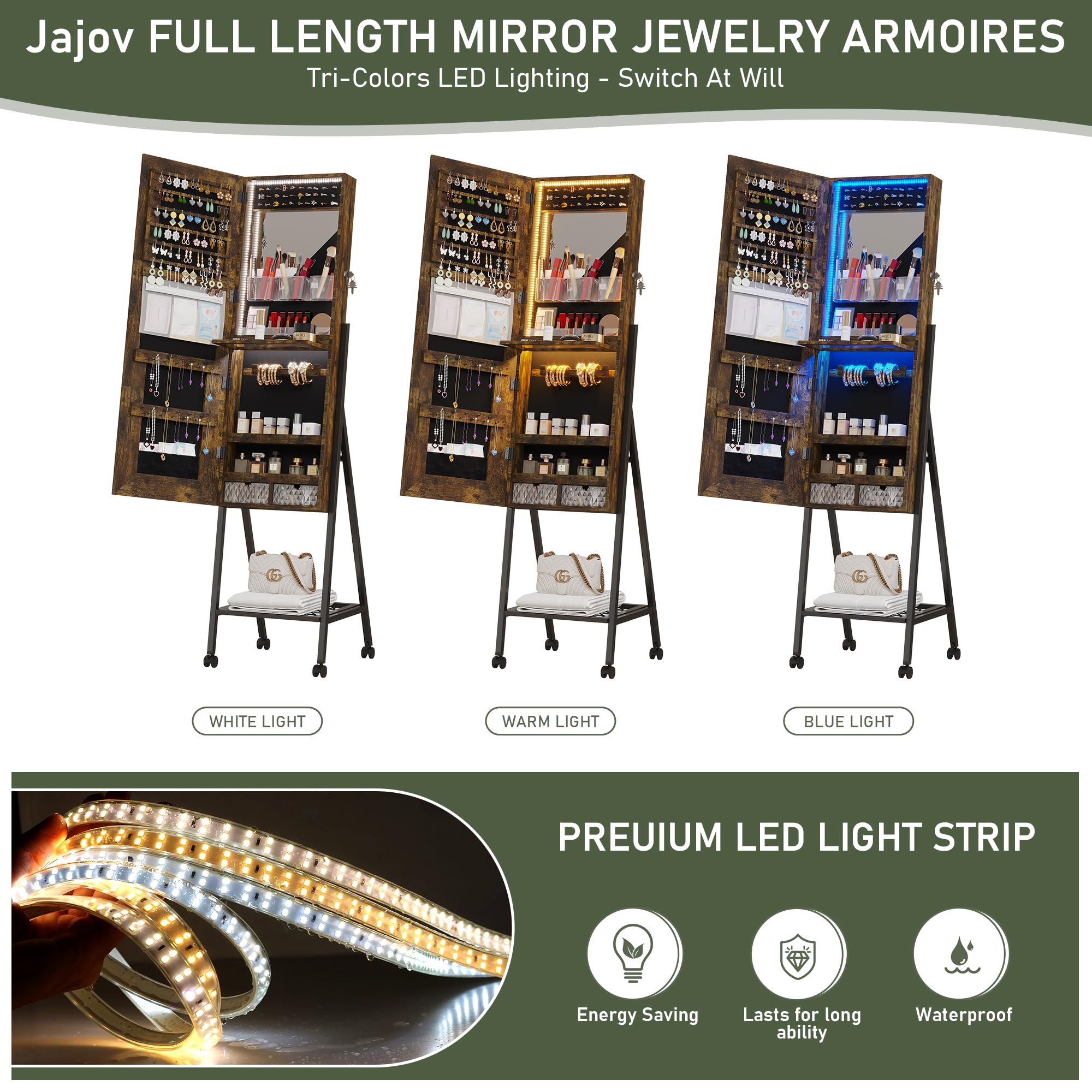 Full-Length LED Standing Mirror with Jewelry Storage - Smart Touch Control, 6 Color Lighting, Lockable Cabinet & Removable Wheels - Perfect for Bedroom, Dressing Room & Vanity Organization