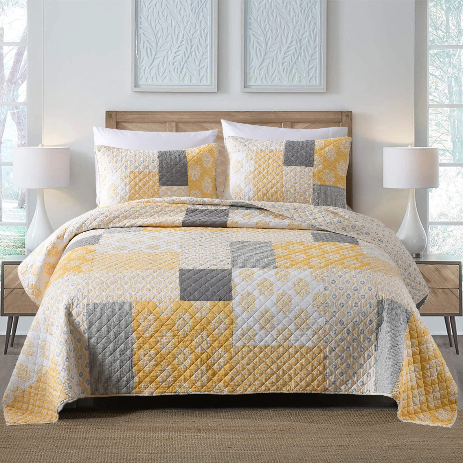 Yvooxny Reversible Queen Size Quilt Set - Yellow Country Lodge Floral Leaves Design, All-Season Patchwork Bedspread Coverlet | Perfect for Cozy Bedrooms, Guest Rooms & Cabin Retreats