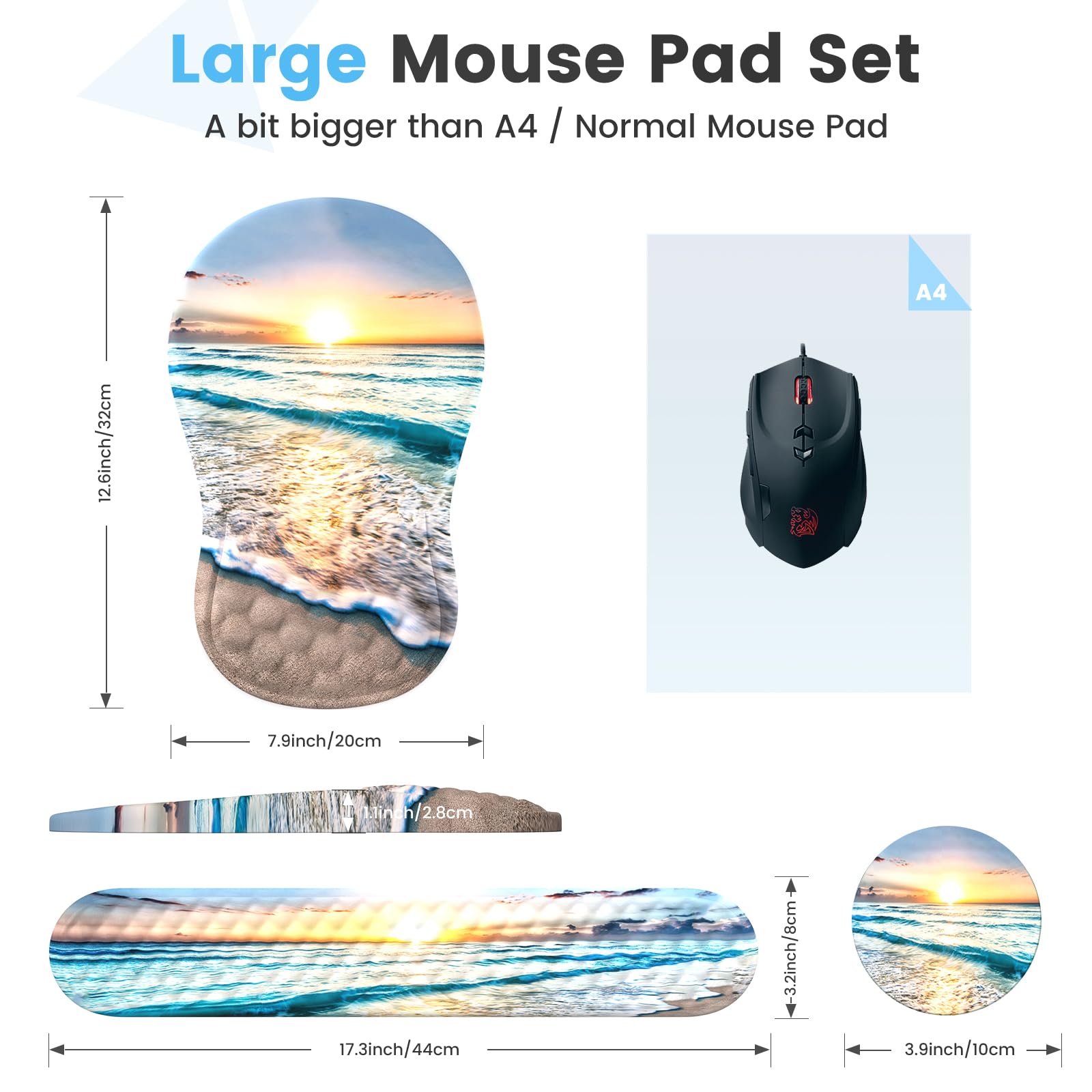 Ergonomic Mouse Pad with Wrist Rest - Comfortable Keyboard Wrist Support Pad Set for Office, Laptop & Computer - Reduce Wrist Pain for Long Hours Typing & Gaming (Beach Design)