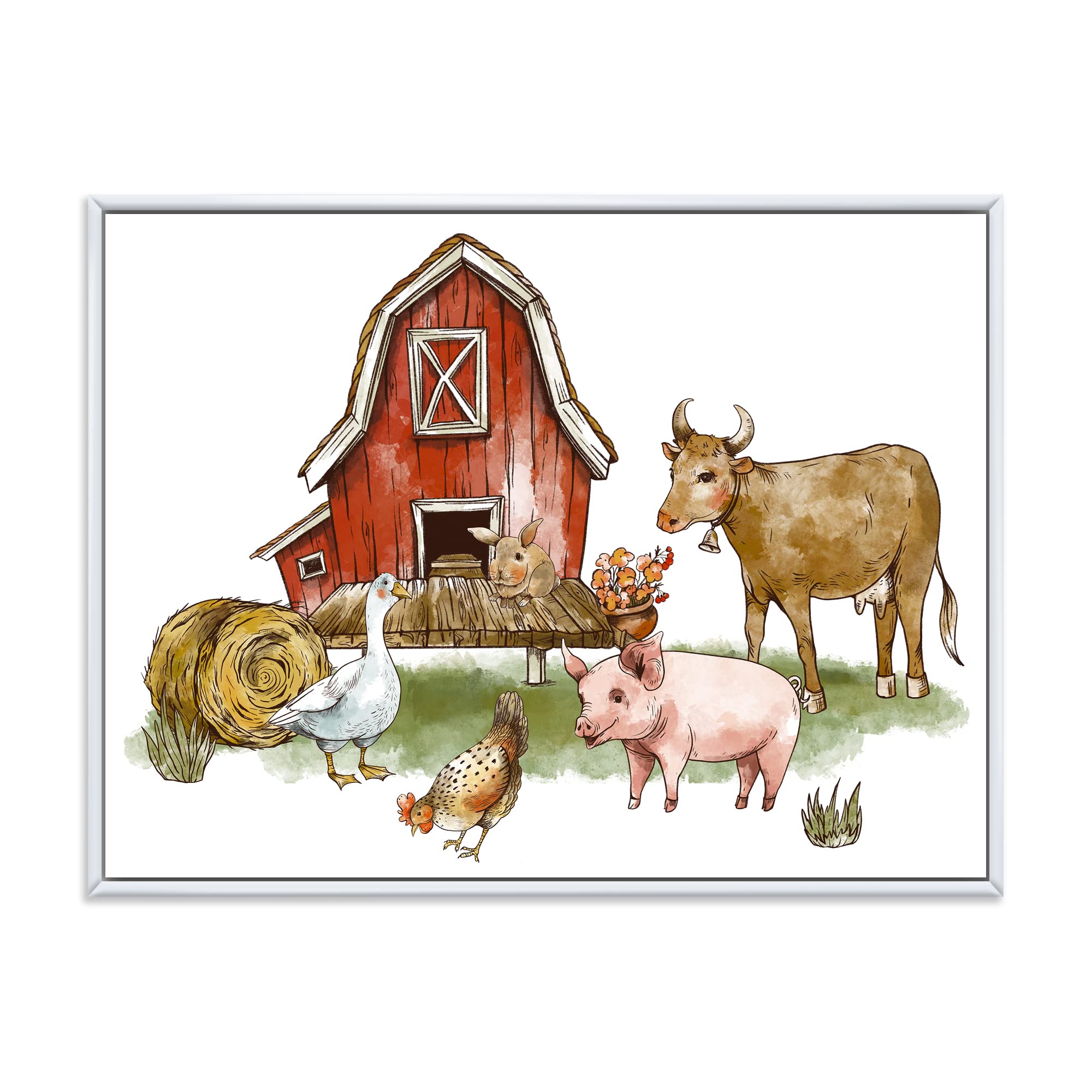 Farmhouse Animal Wall Art - Rustic Framed Canvas Print with Goose, Chicken, Cow, Pig & Haystack | Country Kitchen Decor, Living Room Wall Decor, Farmhouse Style Home Decor